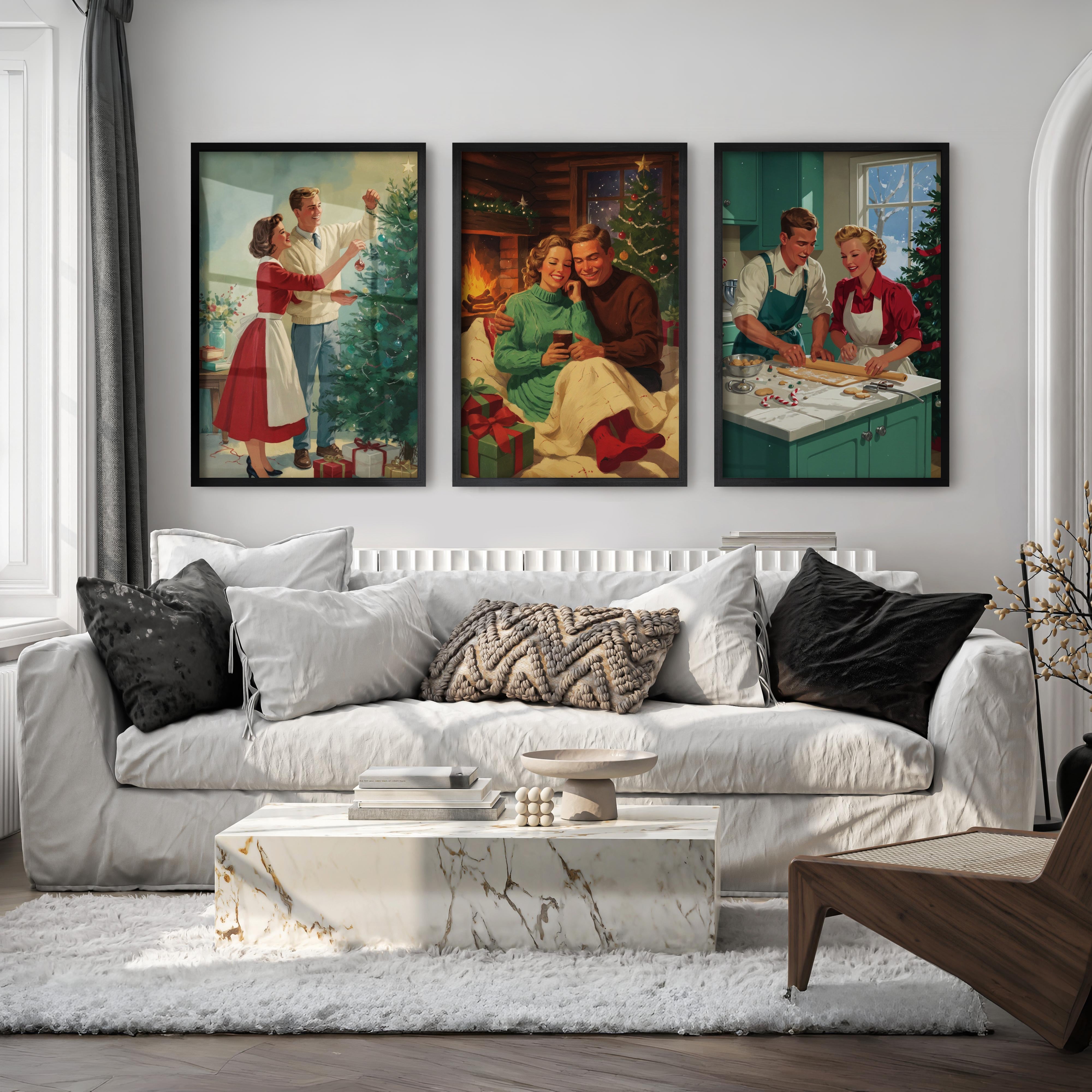 Nostalgic Christmas Decor – Cozy Retro Holiday Wall Art Set of 3 - Black Framed Poster No Border - Artworksets