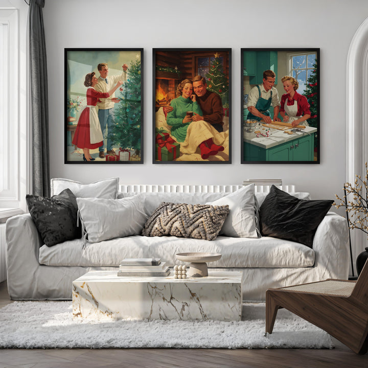 Nostalgic Christmas Decor – Cozy Retro Holiday Wall Art Set of 3 - Black Framed Poster No Border - Artworksets