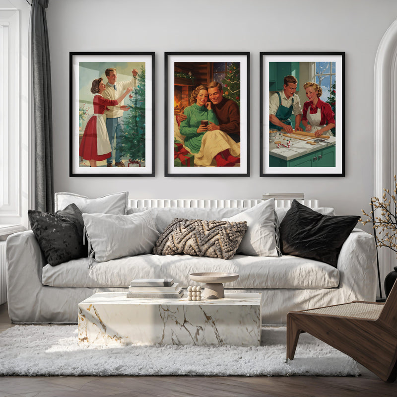 Nostalgic Christmas Decor – Cozy Retro Holiday Wall Art Set of 3 - Black Framed Poster with White Border - Artworksets
