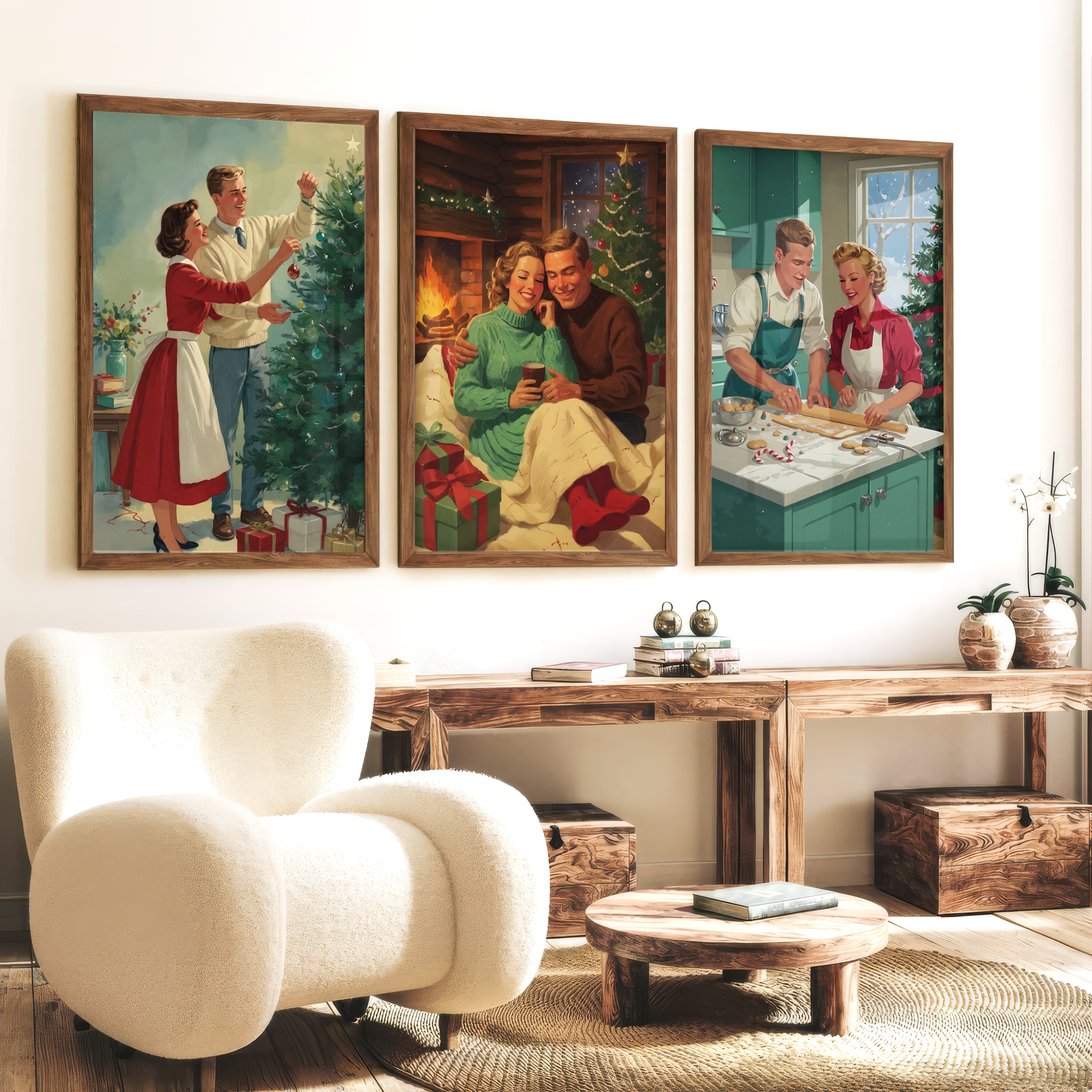 Nostalgic Christmas Decor – Cozy Retro Holiday Wall Art Set of 3 - Dark Brown Framed Poster No Border - Artworksets