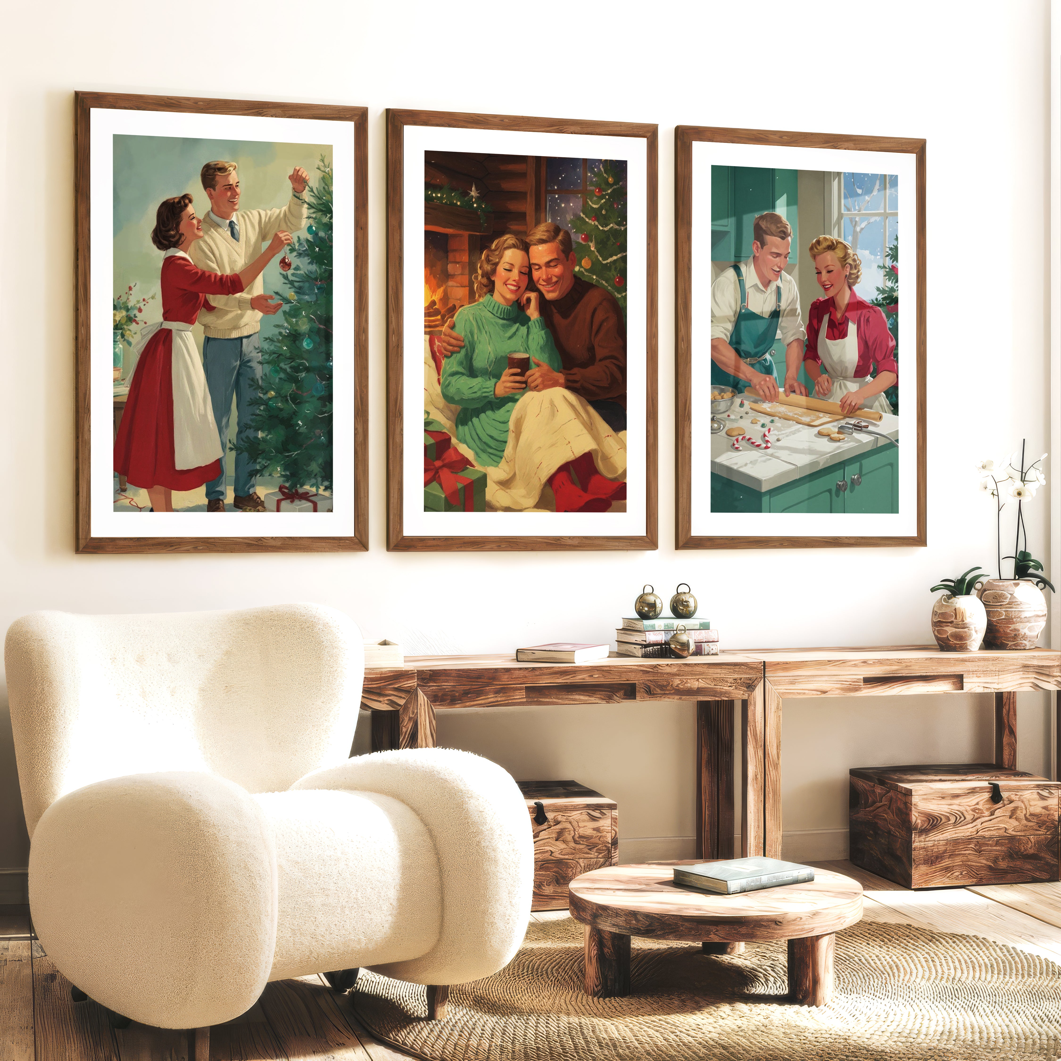 Nostalgic Christmas Decor – Cozy Retro Holiday Wall Art Set of 3 - Dark Brown Framed Poster with White Border - Artworksets