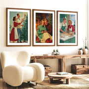 Nostalgic Christmas Decor – Cozy Retro Holiday Wall Art Set of 3 - Dark Brown Framed Poster with White Border - Artworksets
