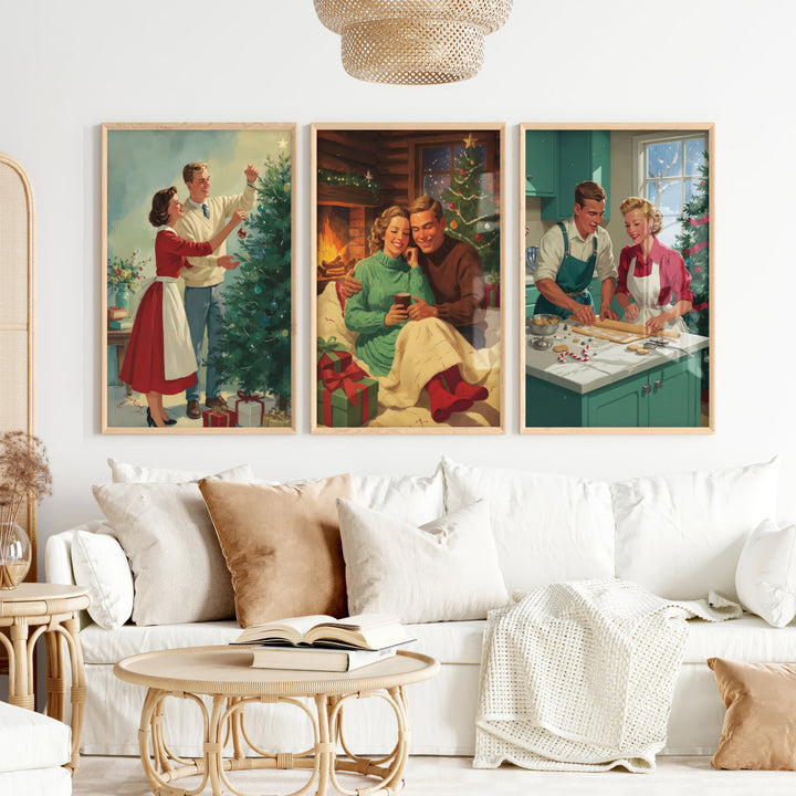 Nostalgic Christmas Decor – Cozy Retro Holiday Wall Art Set of 3 - Natural Wood Framed Poster No Border - Artworksets