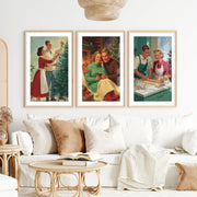 Nostalgic Christmas Decor – Cozy Retro Holiday Wall Art Set of 3- Natural Wood Framed Poster with White Border - Artworksets