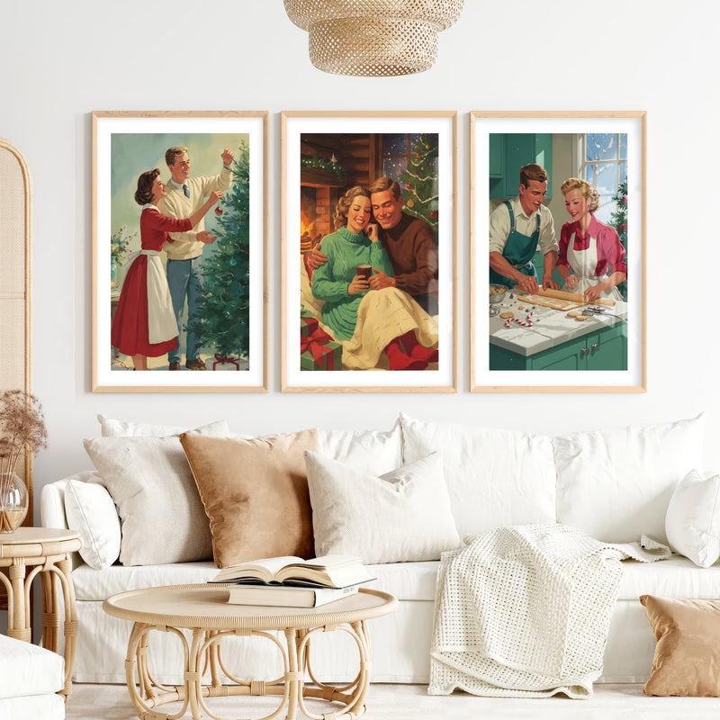 Nostalgic Christmas Decor – Cozy Retro Holiday Wall Art Set of 3- Natural Wood Framed Poster with White Border - Artworksets