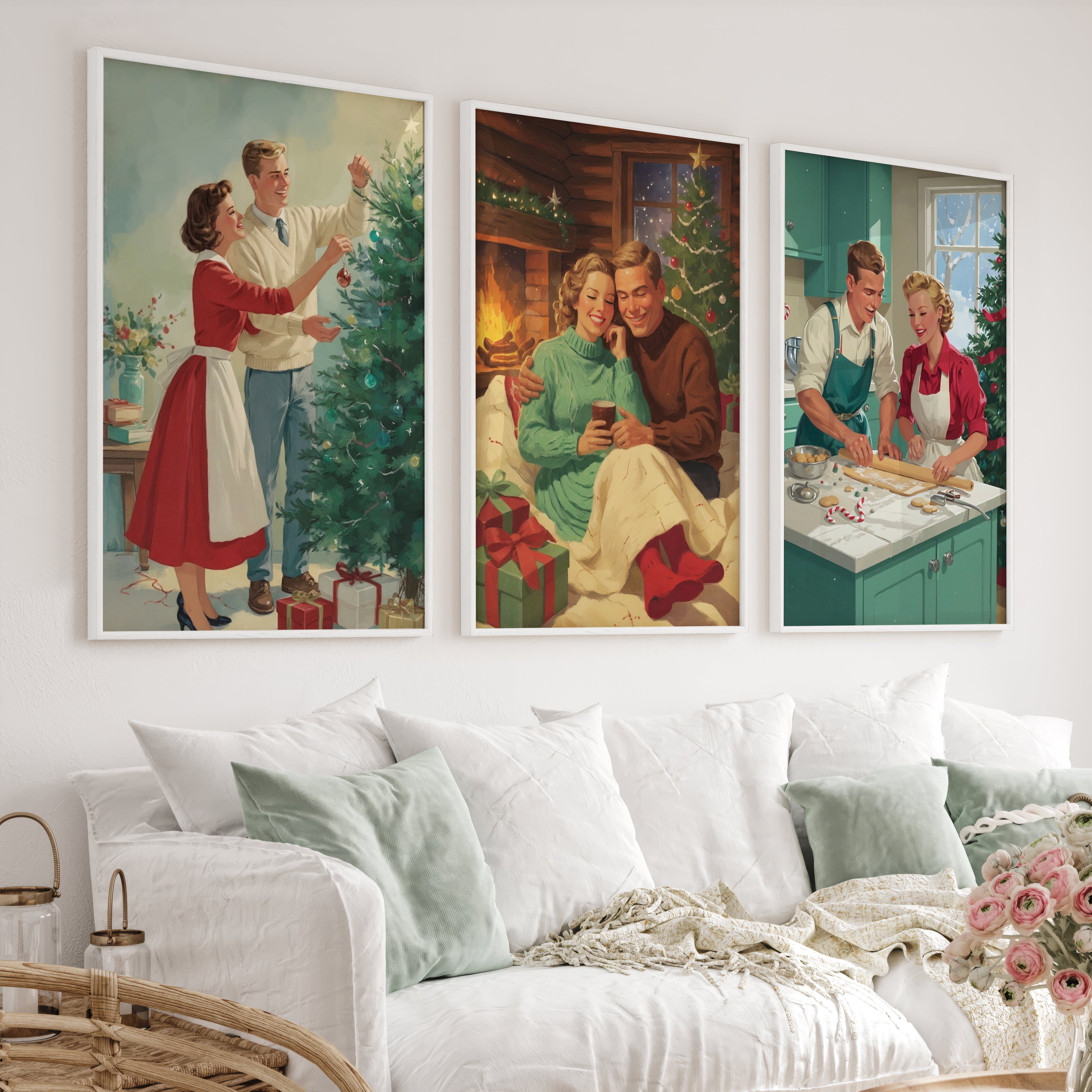 Nostalgic Christmas Decor – Cozy Retro Holiday Wall Art Set of 3 - White Framed Poster No Border - Artworksets