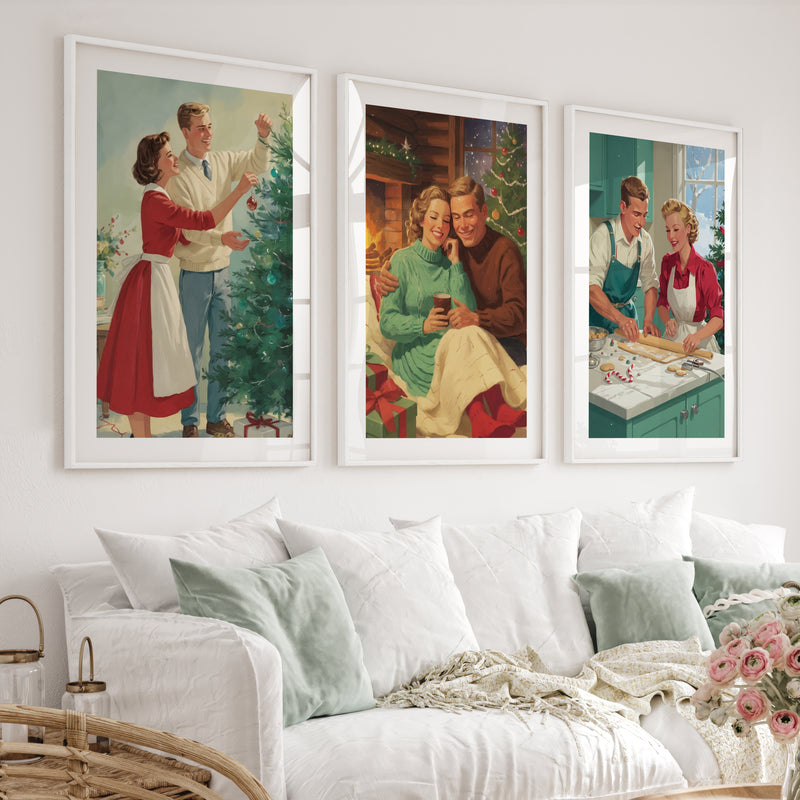 Nostalgic Christmas Decor – Cozy Retro Holiday Wall Art Set of 3 - White Framed Poster with White Border - Artworksets