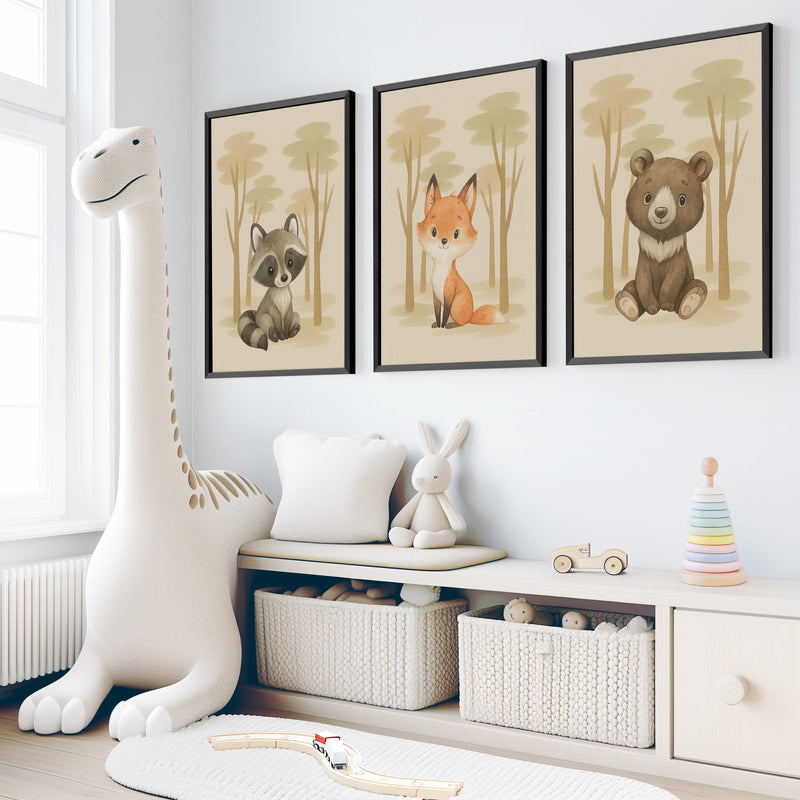 Nursery Animal Art – Cute Woodland Baby Animals (Set of 3) - Black Framed Poster No Border - Artworksets