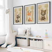 Nursery Animal Art – Cute Woodland Baby Animals (Set of 3) - Black Framed Poster with White Border - Artworksets