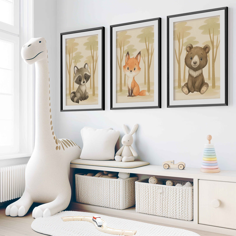 Nursery Animal Art – Cute Woodland Baby Animals (Set of 3) - Black Framed Poster with White Border - Artworksets