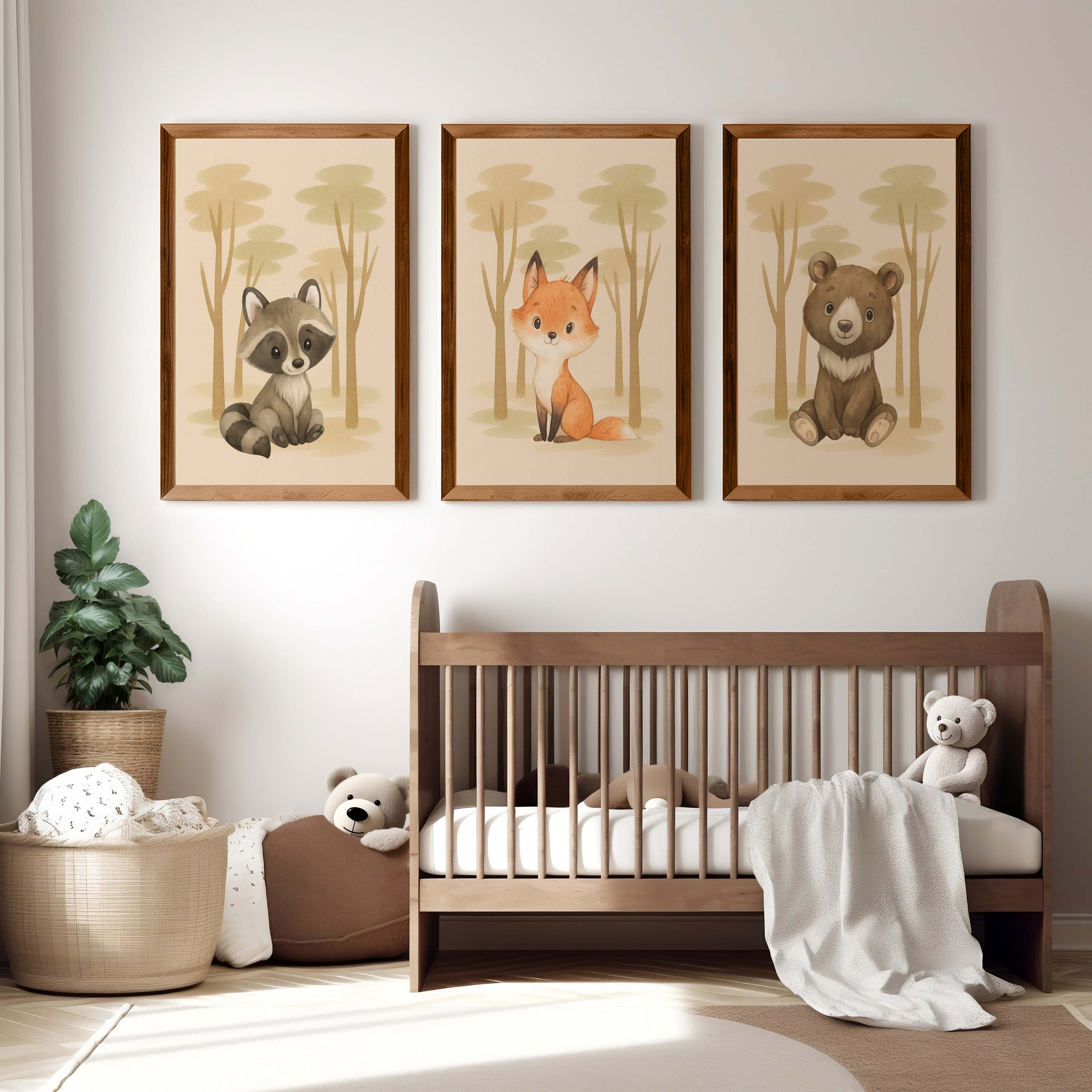 Nursery Animal Art – Cute Woodland Baby Animals (Set of 3) - Dark Brown Framed Poster No Border - Artworksets