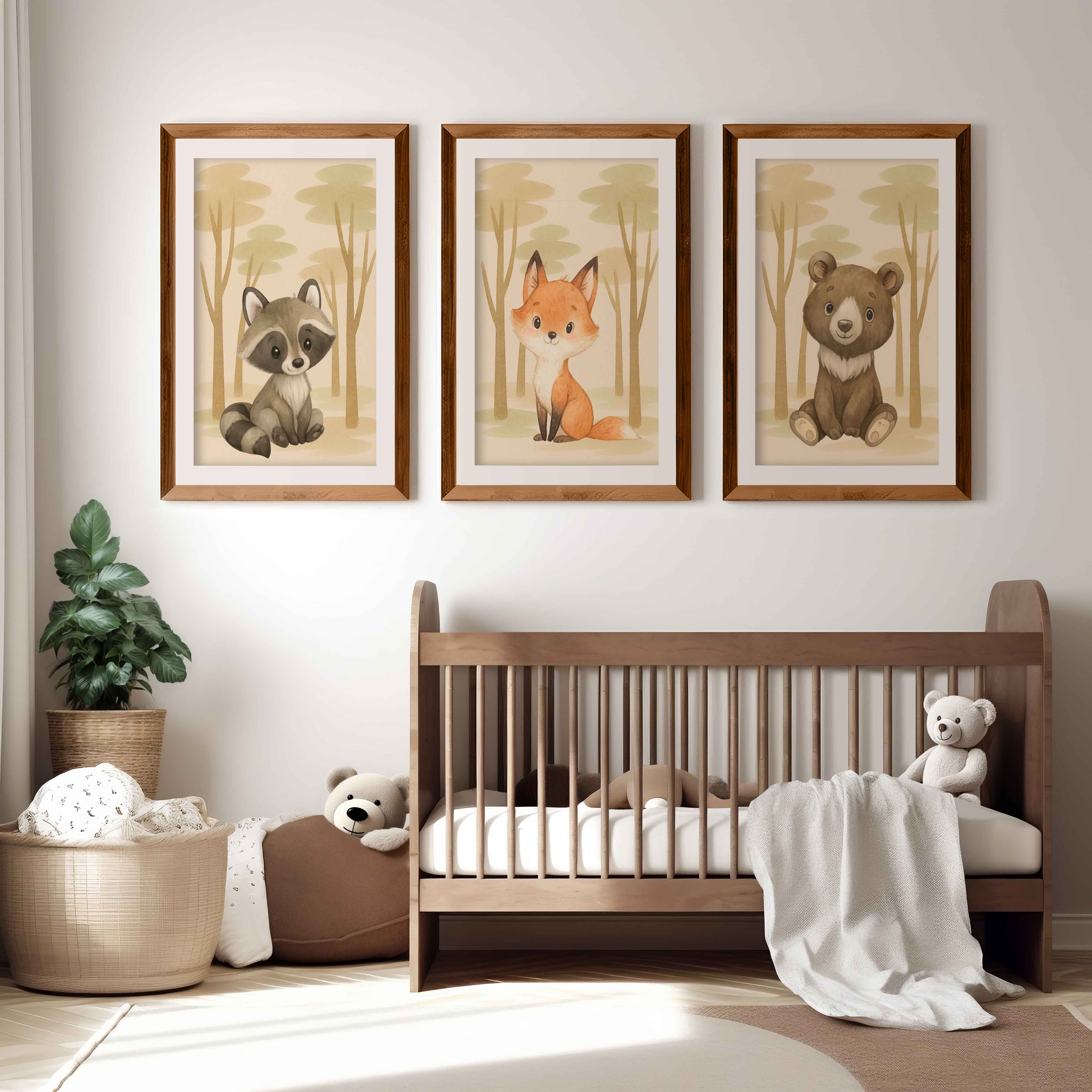 Nursery Animal Art – Cute Woodland Baby Animals (Set of 3) - Dark Brown Framed Poster with White Border - Artworksets
