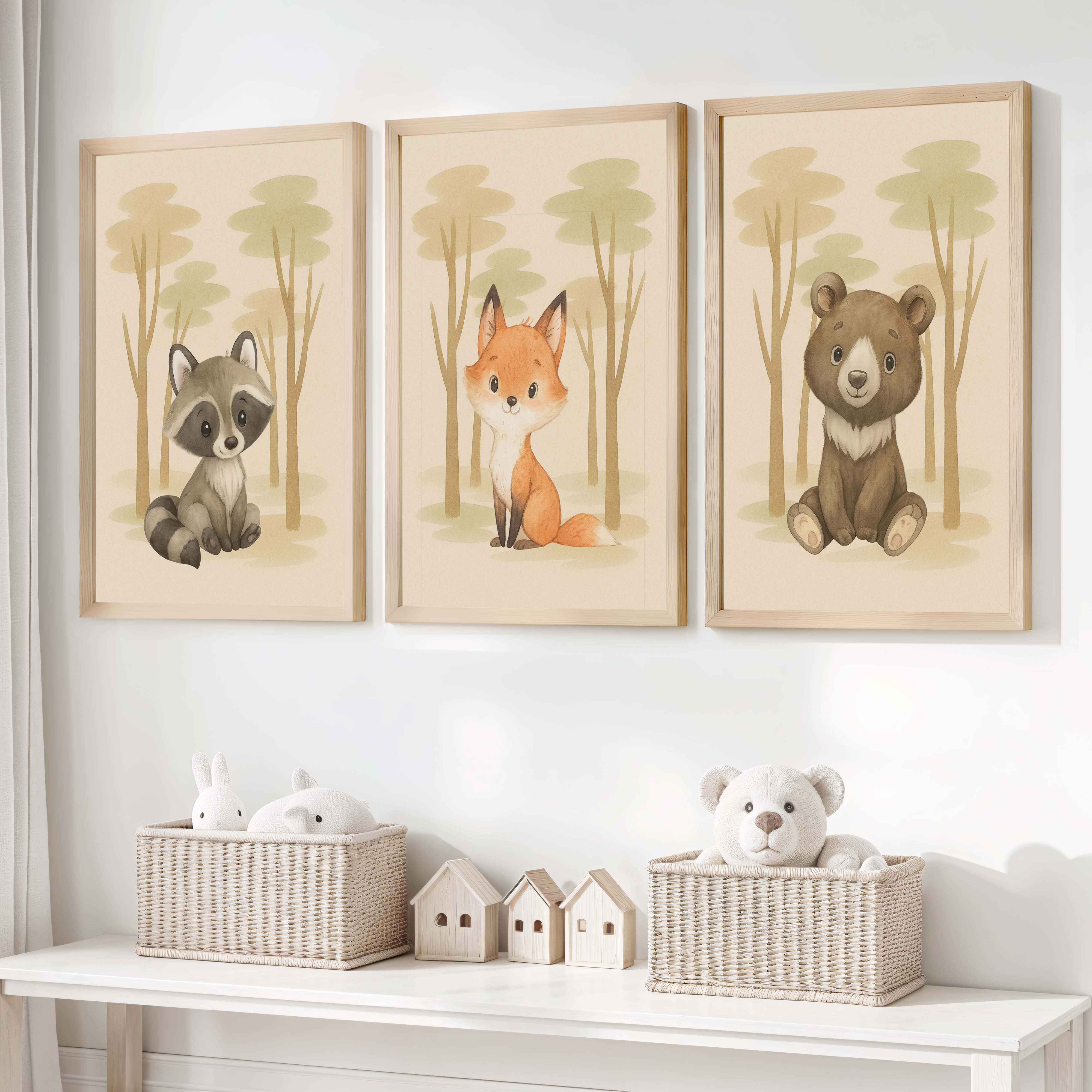 Nursery Animal Art – Cute Woodland Baby Animals (Set of 3) - Natural Wood Framed Poster No Border - Artworksets