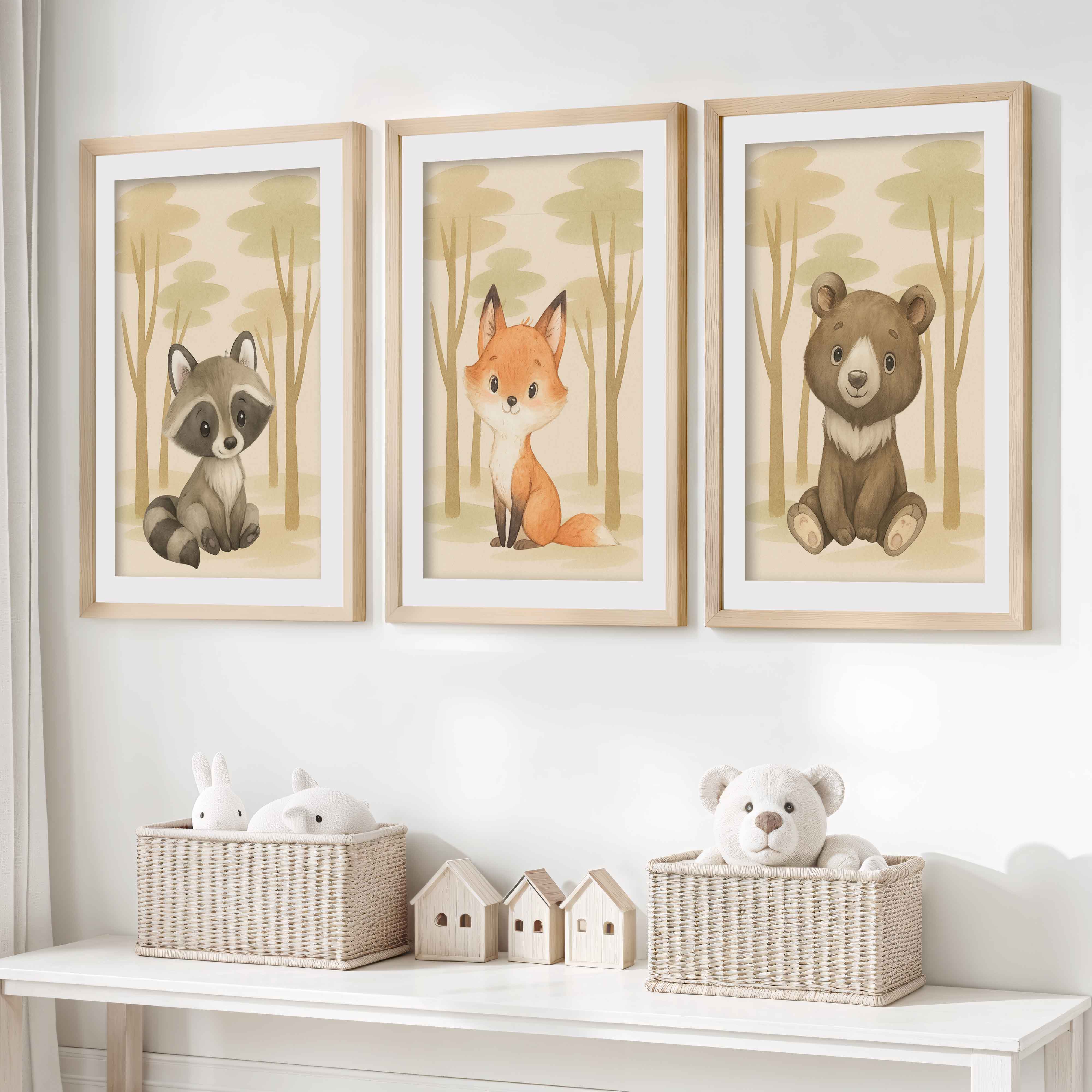 Nursery Animal Art – Cute Woodland Baby Animals (Set of 3)- Natural Wood Framed Poster with White Border - Artworksets