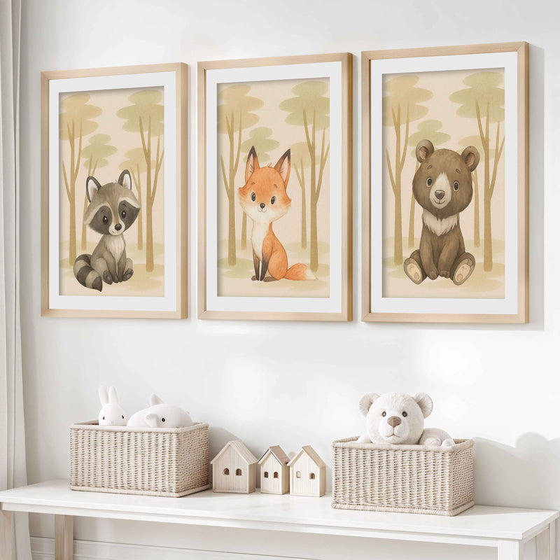 Nursery Animal Art – Cute Woodland Baby Animals (Set of 3)- Natural Wood Framed Poster with White Border - Artworksets