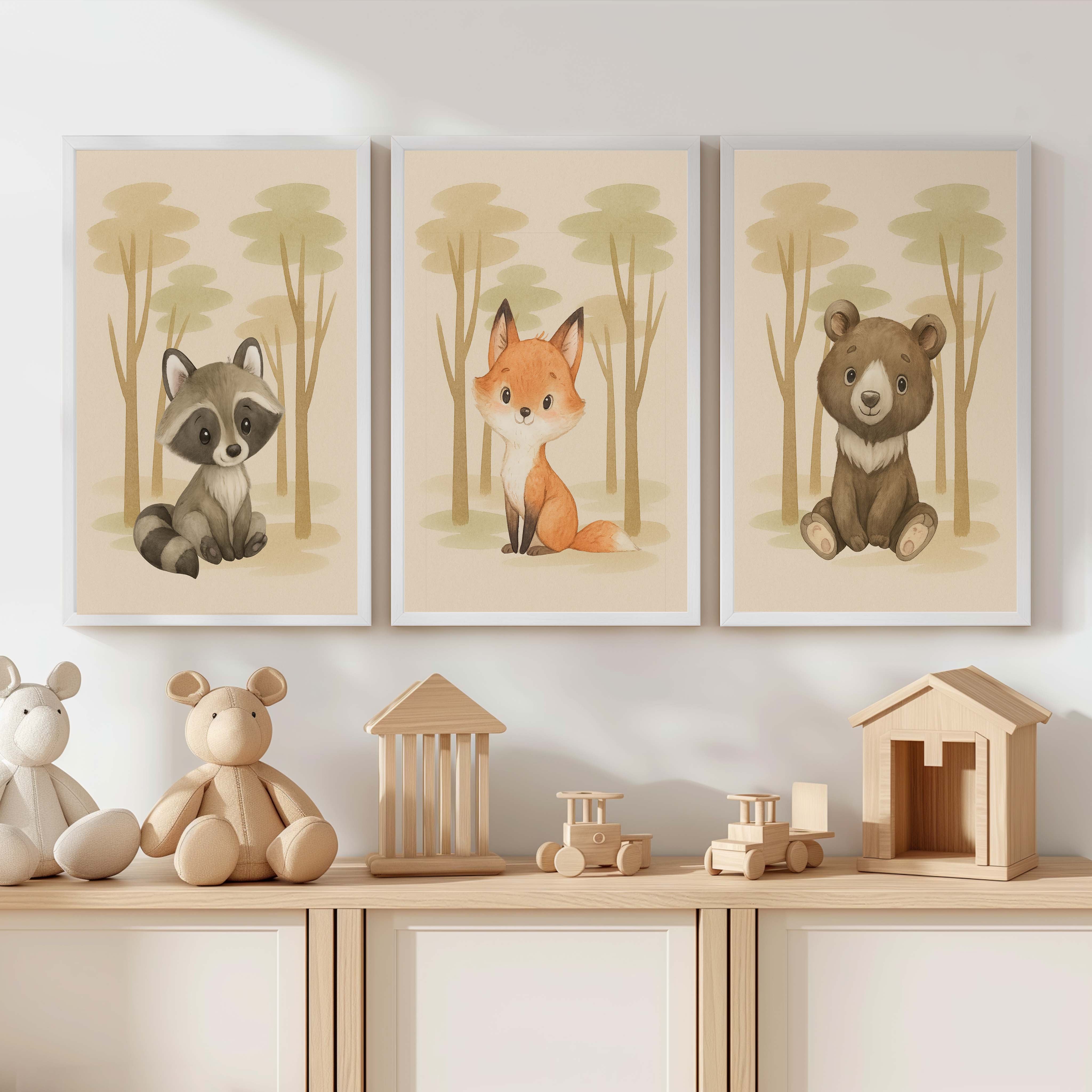 Nursery Animal Art – Cute Woodland Baby Animals (Set of 3) - White Framed Poster No Border - Artworksets
