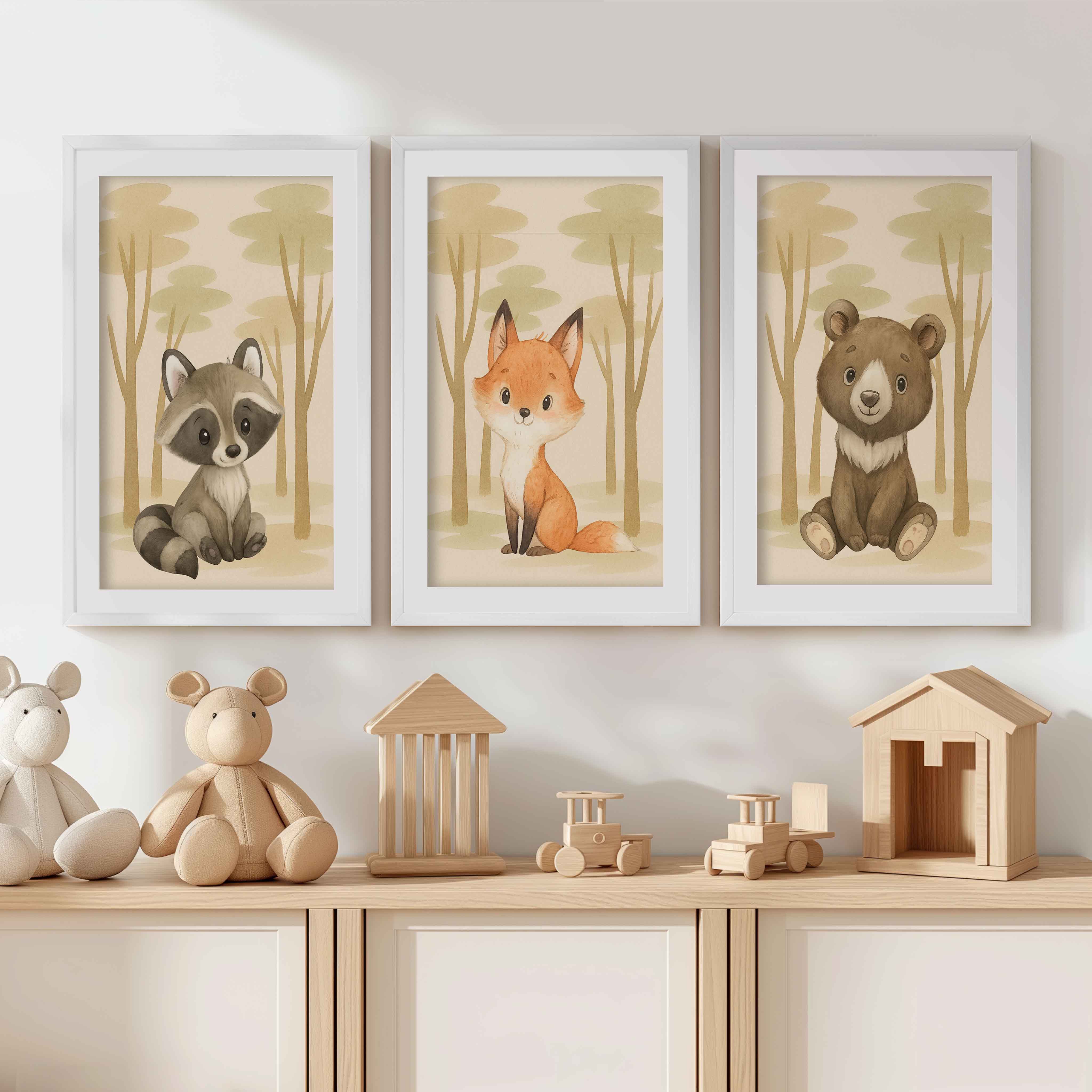 Nursery Animal Art – Cute Woodland Baby Animals (Set of 3) - White Framed Poster with White Border - Artworksets