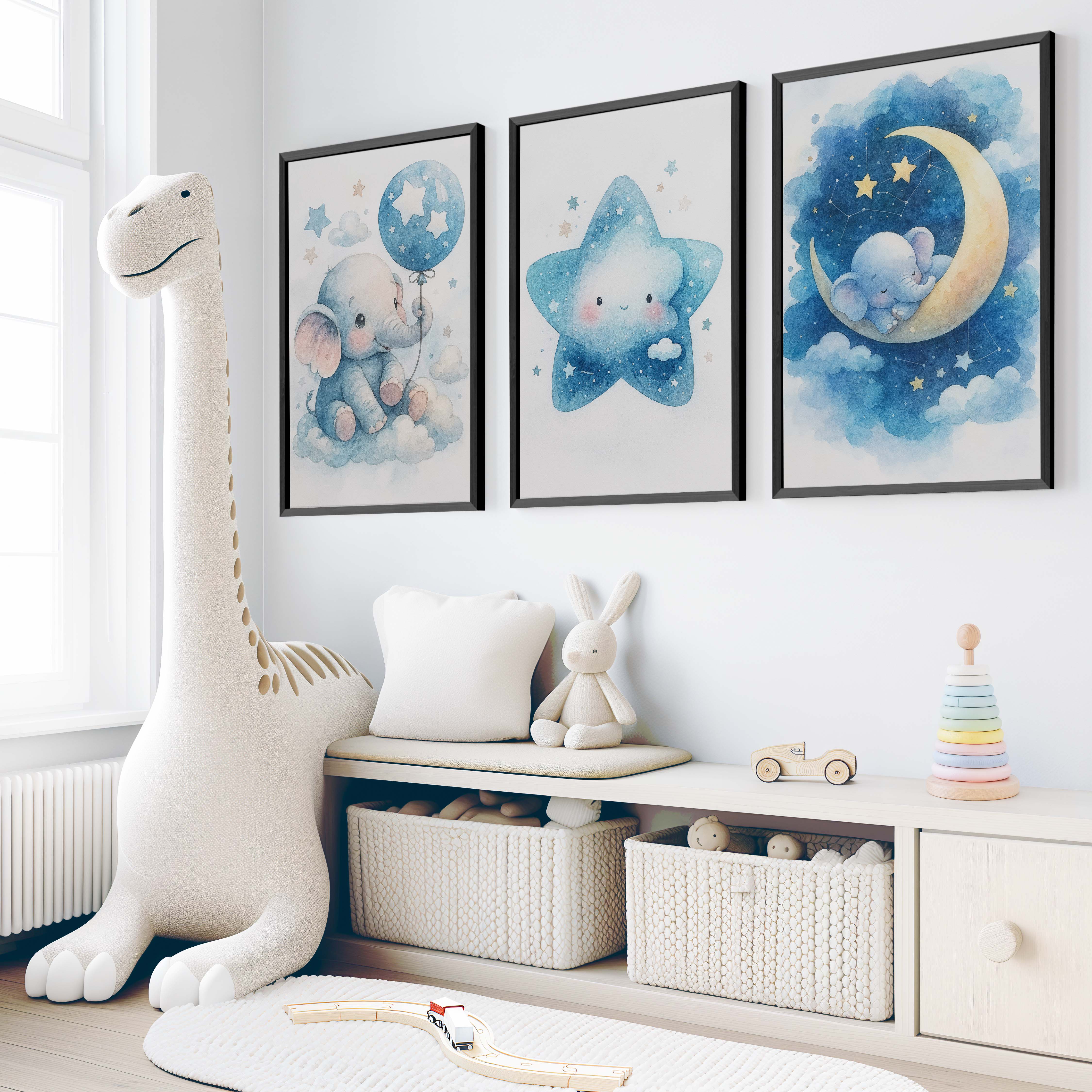 Nursery Art – Elephant, Moon & Star Prints (Set of 3) - Black Framed Poster No Border - Artworksets
