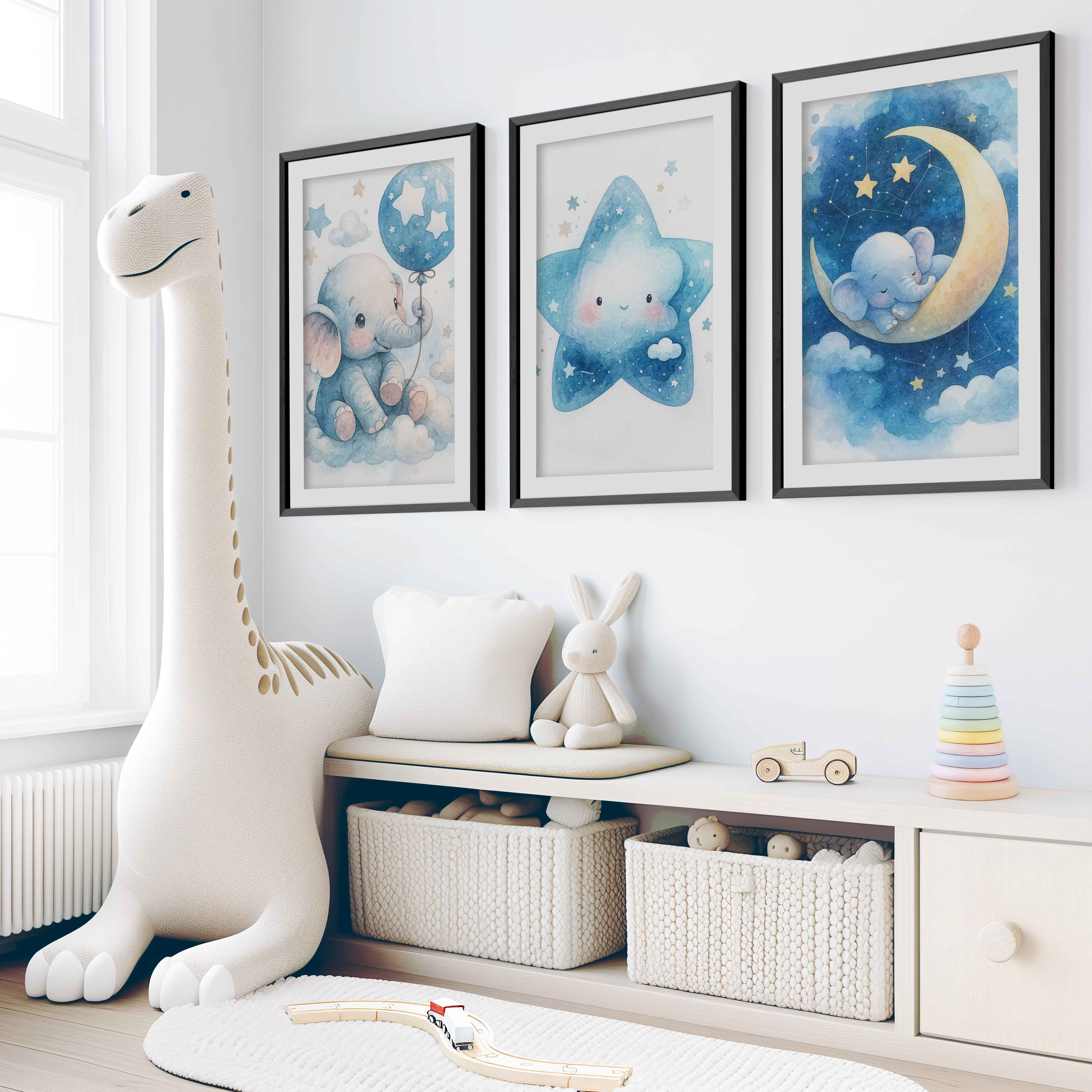 Nursery Art – Elephant, Moon & Star Prints (Set of 3) - Black Framed Poster with White Border - Artworksets