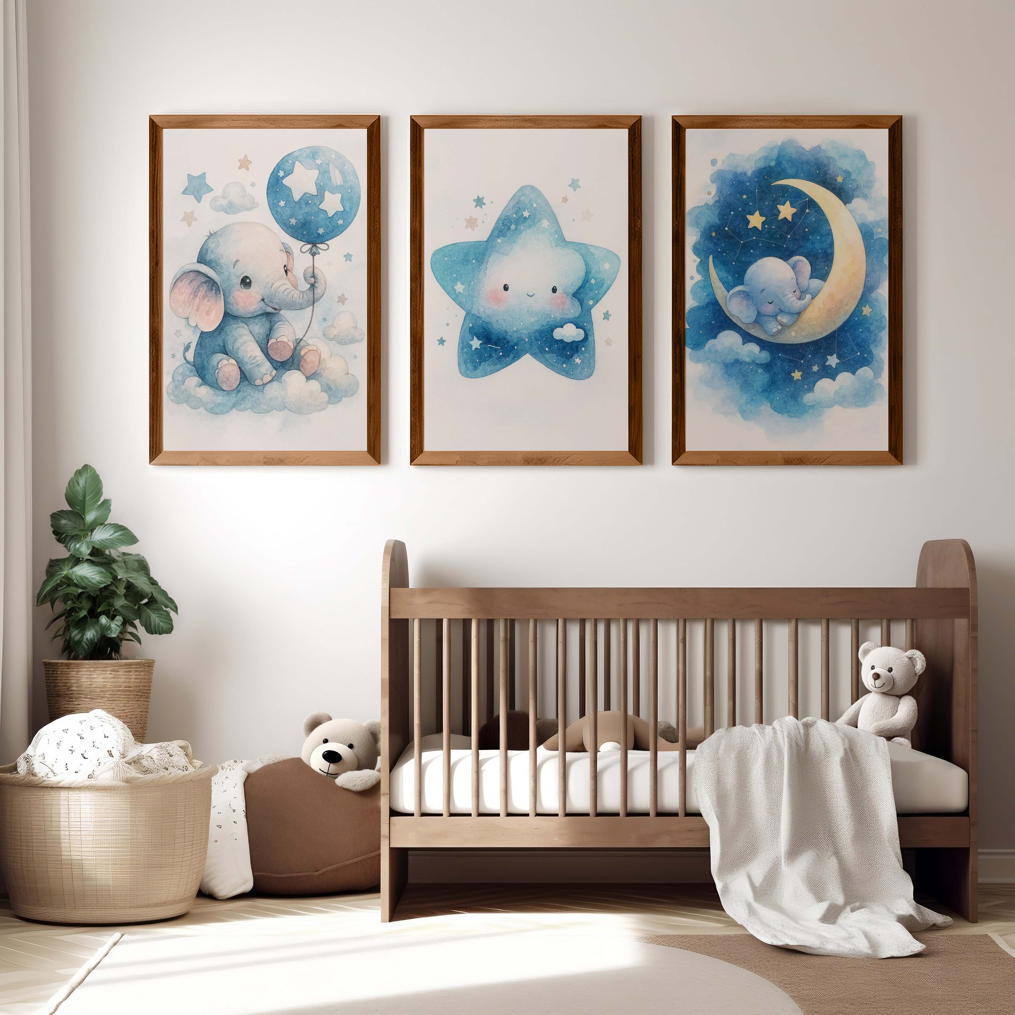 Nursery Art – Elephant, Moon & Star Prints (Set of 3) - Dark Brown Framed Poster No Border - Artworksets