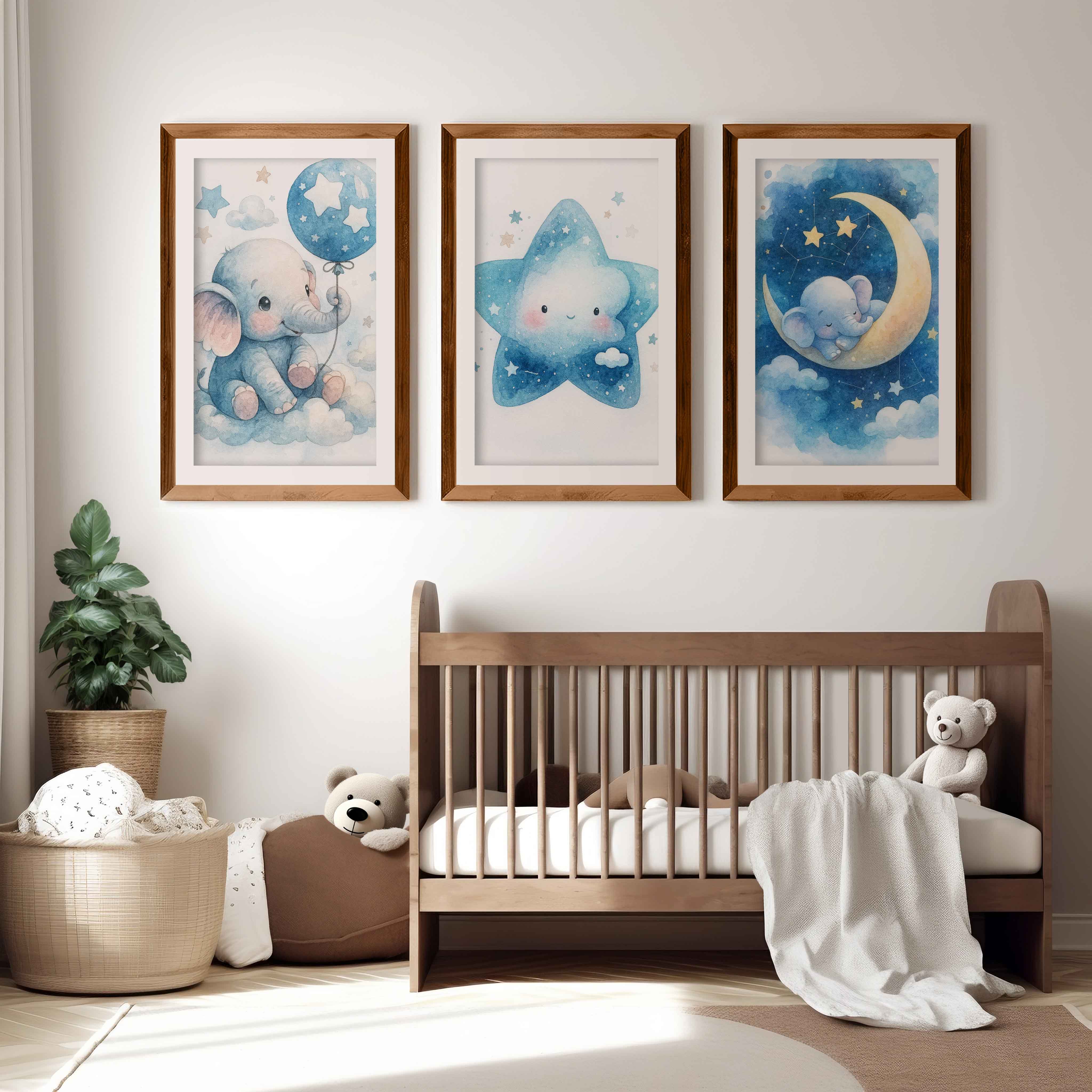 Nursery Art – Elephant, Moon & Star Prints (Set of 3) - Dark Brown Framed Poster with White Border - Artworksets