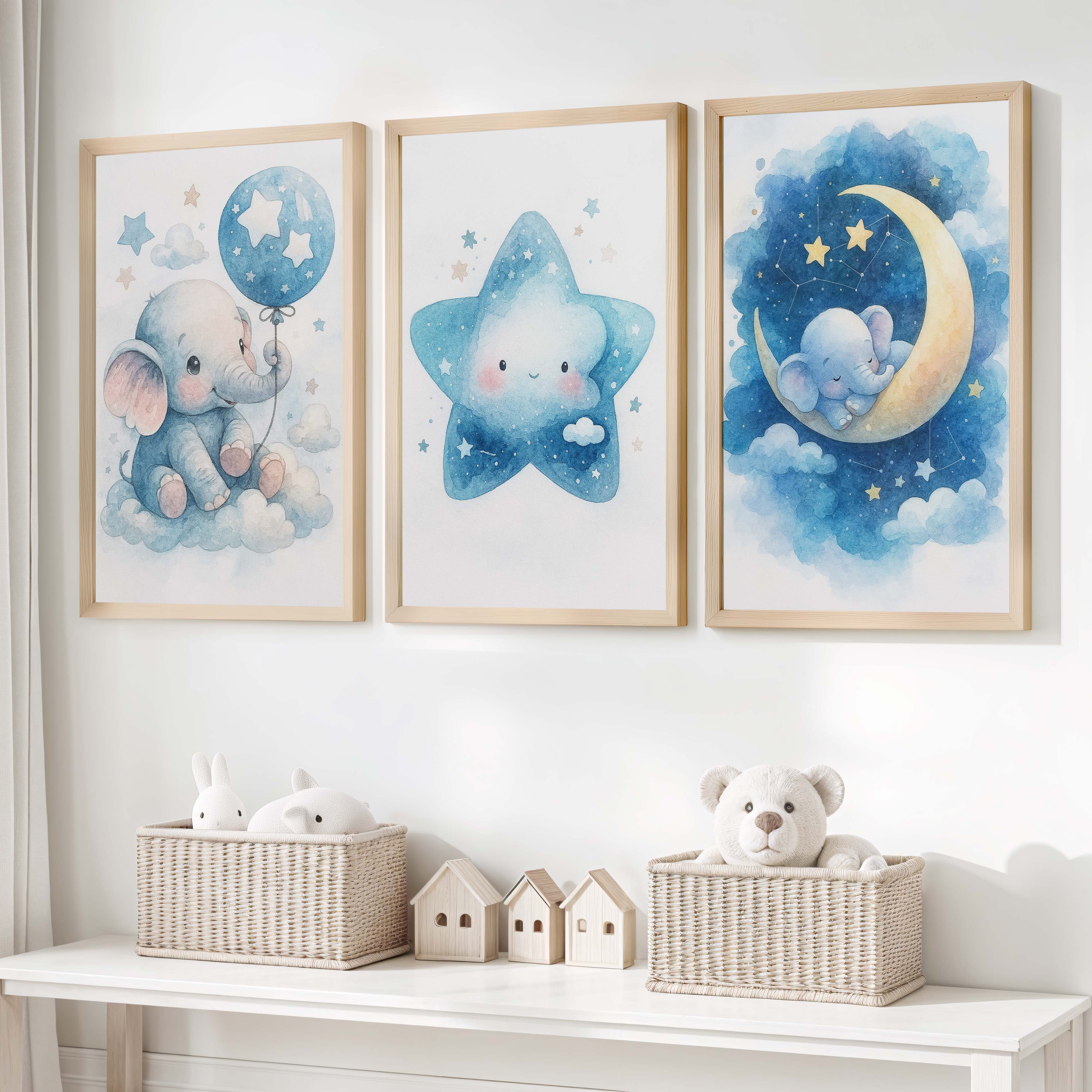 Nursery Art – Elephant, Moon & Star Prints (Set of 3) - Natural Wood Framed Poster No Border - Artworksets