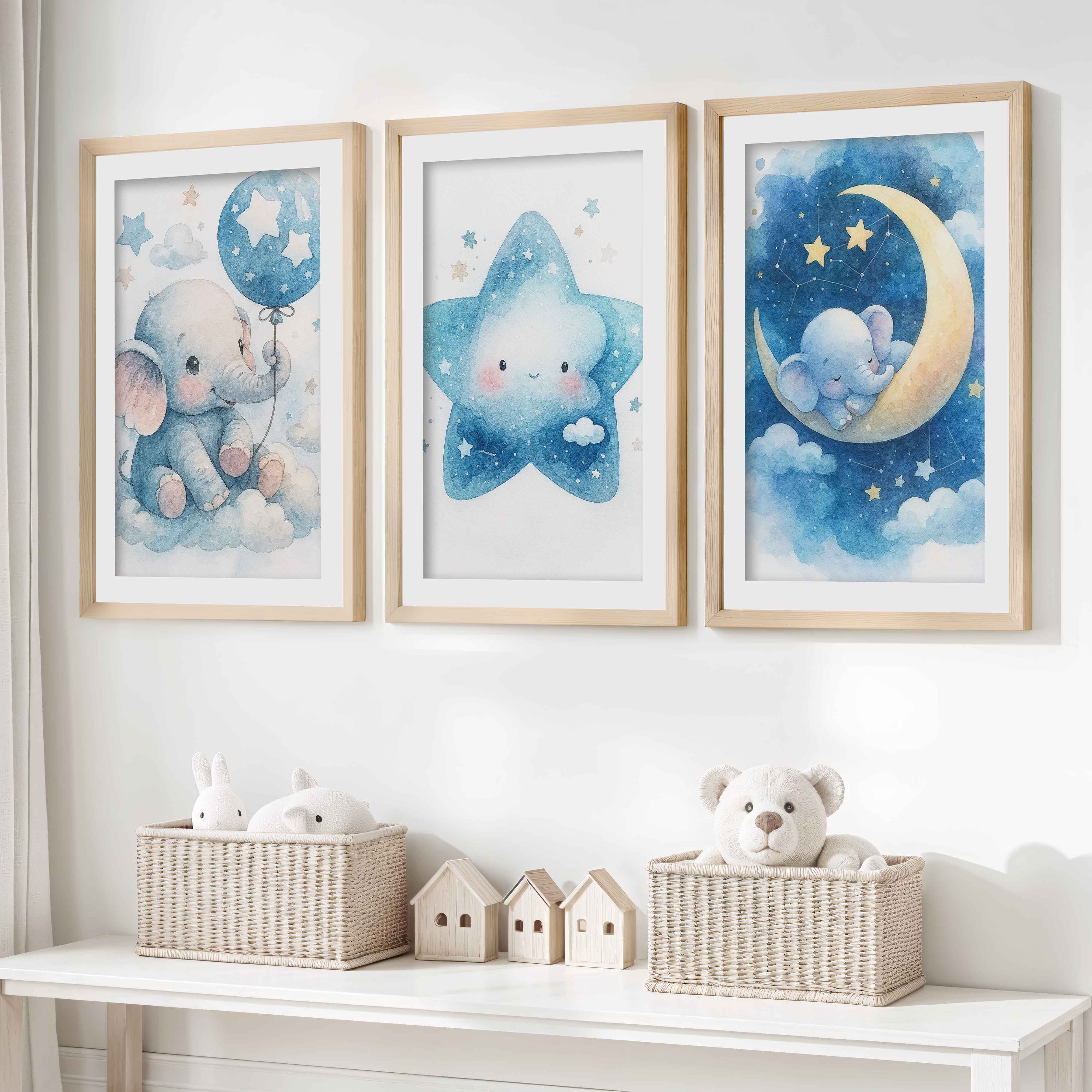 Nursery Art – Elephant, Moon & Star Prints (Set of 3)- Natural Wood Framed Poster with White Border - Artworksets