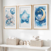 Nursery Art – Elephant, Moon & Star Prints (Set of 3)- Natural Wood Framed Poster with White Border - Artworksets