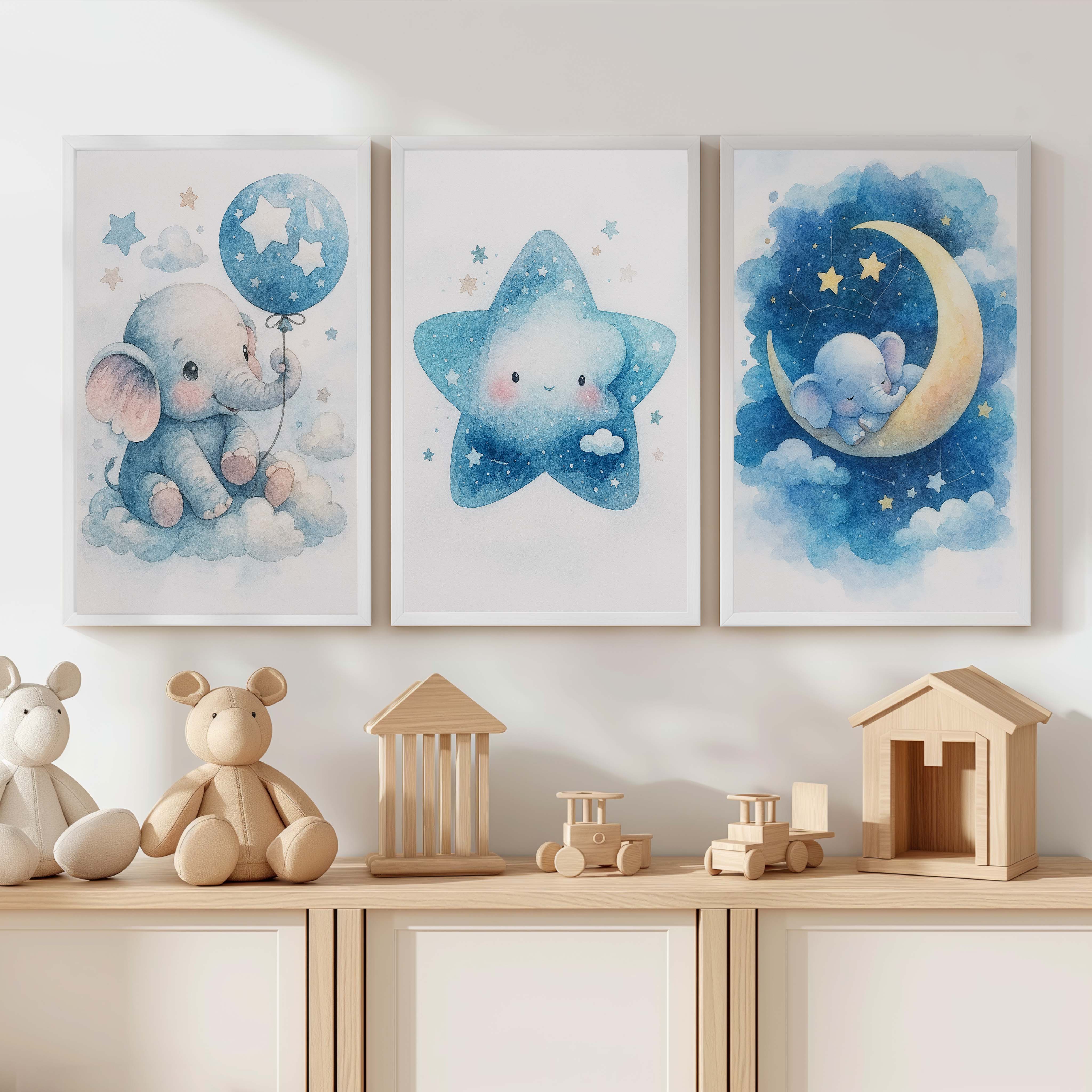 Nursery Art – Elephant, Moon & Star Prints (Set of 3) - White Framed Poster No Border - Artworksets