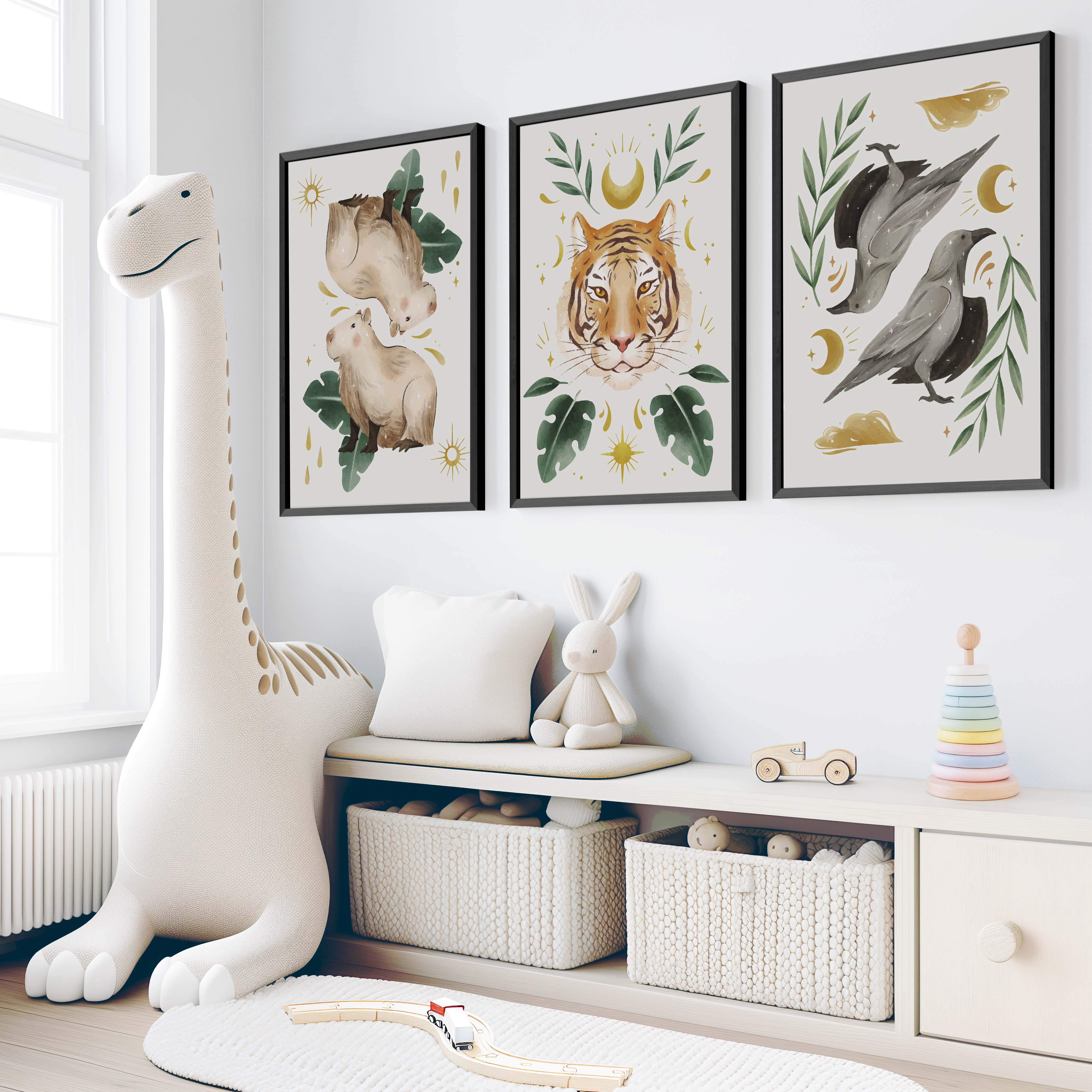 Nursery Art Prints – Animal & Moon Wall Decor (3 Pieces) - Black Framed Poster No Border - Artworksets