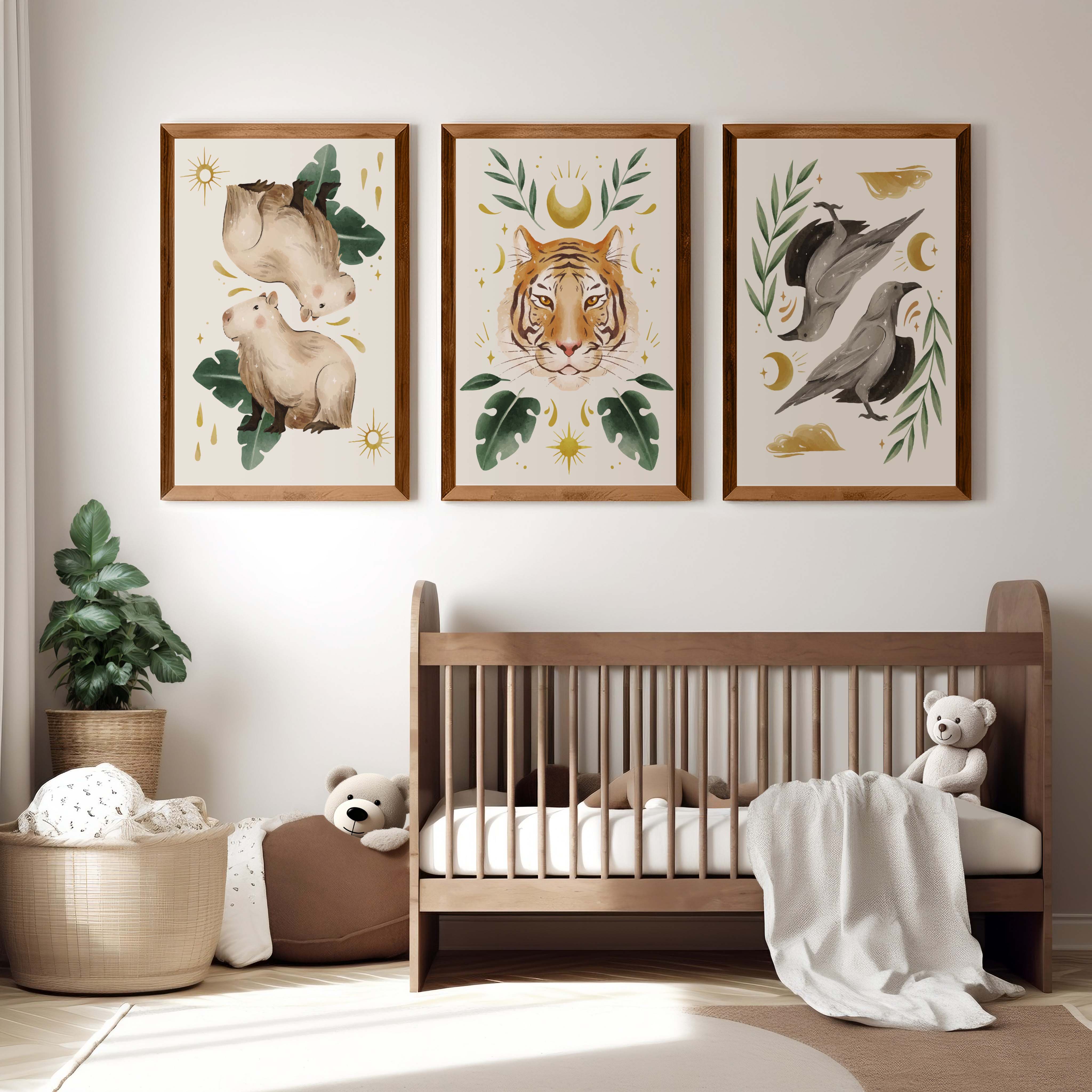 Nursery Art Prints – Animal & Moon Wall Decor (3 Pieces) - Dark Brown Framed Poster No Border - Artworksets