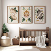 Nursery Art Prints – Animal & Moon Wall Decor (3 Pieces) - Dark Brown Framed Poster No Border - Artworksets