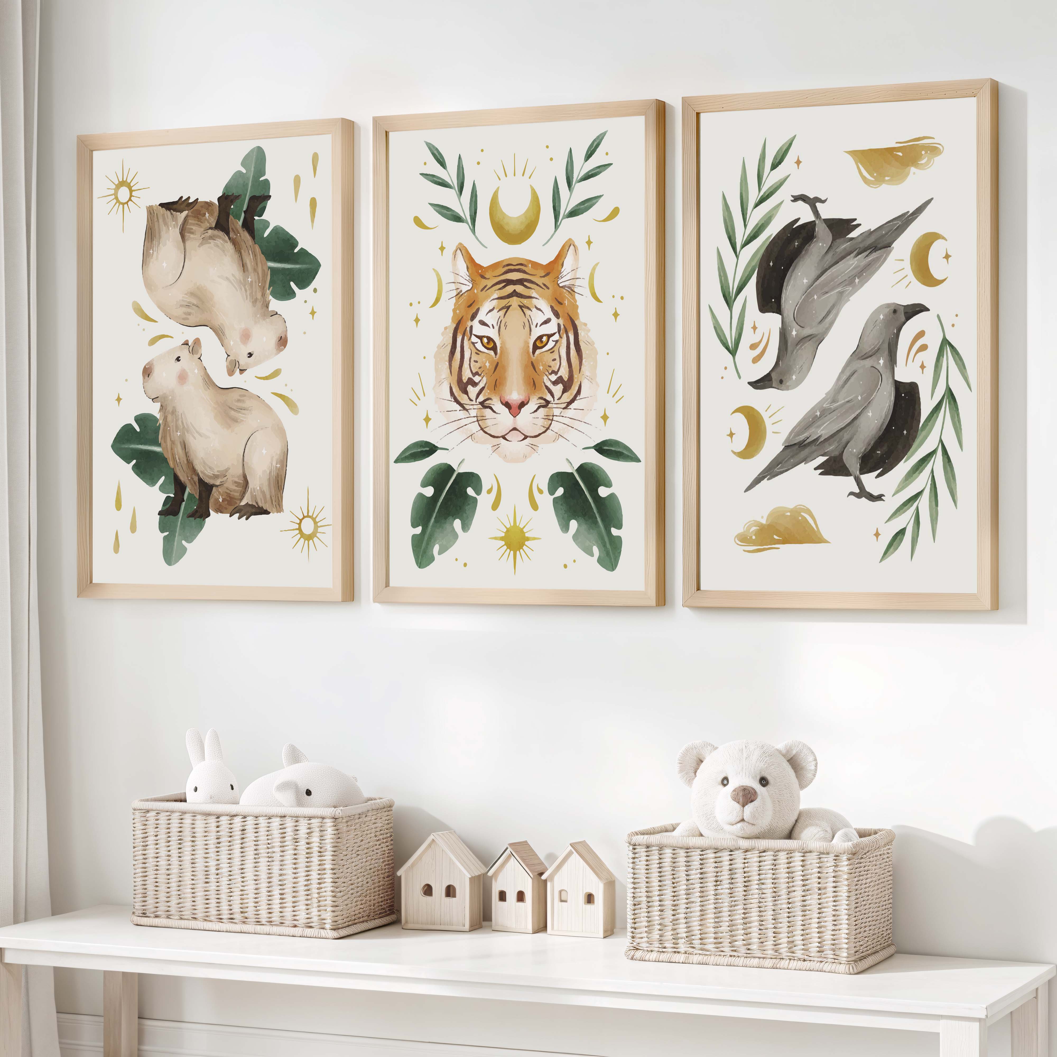 Nursery Art Prints – Animal & Moon Wall Decor (3 Pieces) - Natural Wood Framed Poster No Border - Artworksets