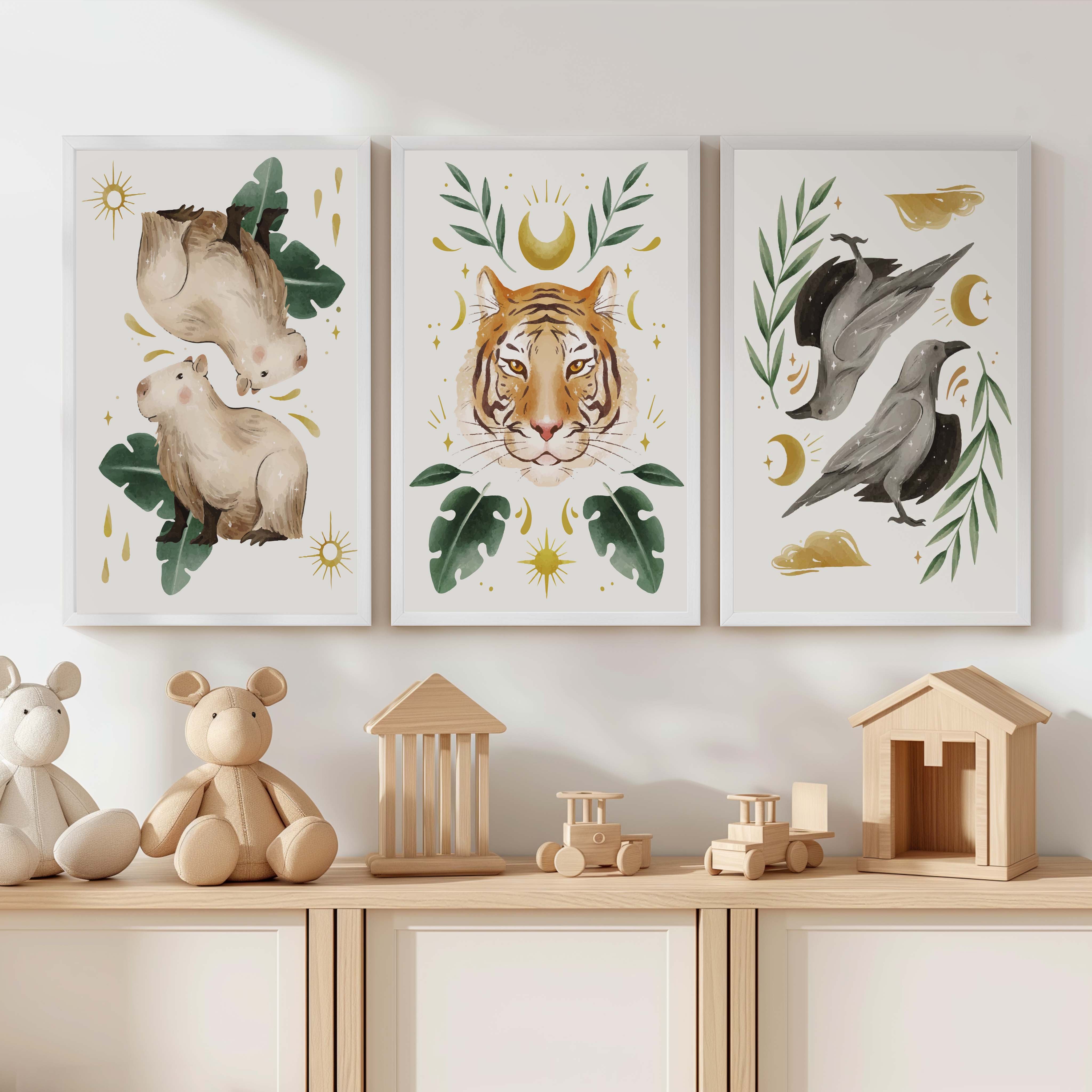 Nursery Art Prints – Animal & Moon Wall Decor (3 Pieces) - White Framed Poster No Border - Artworksets