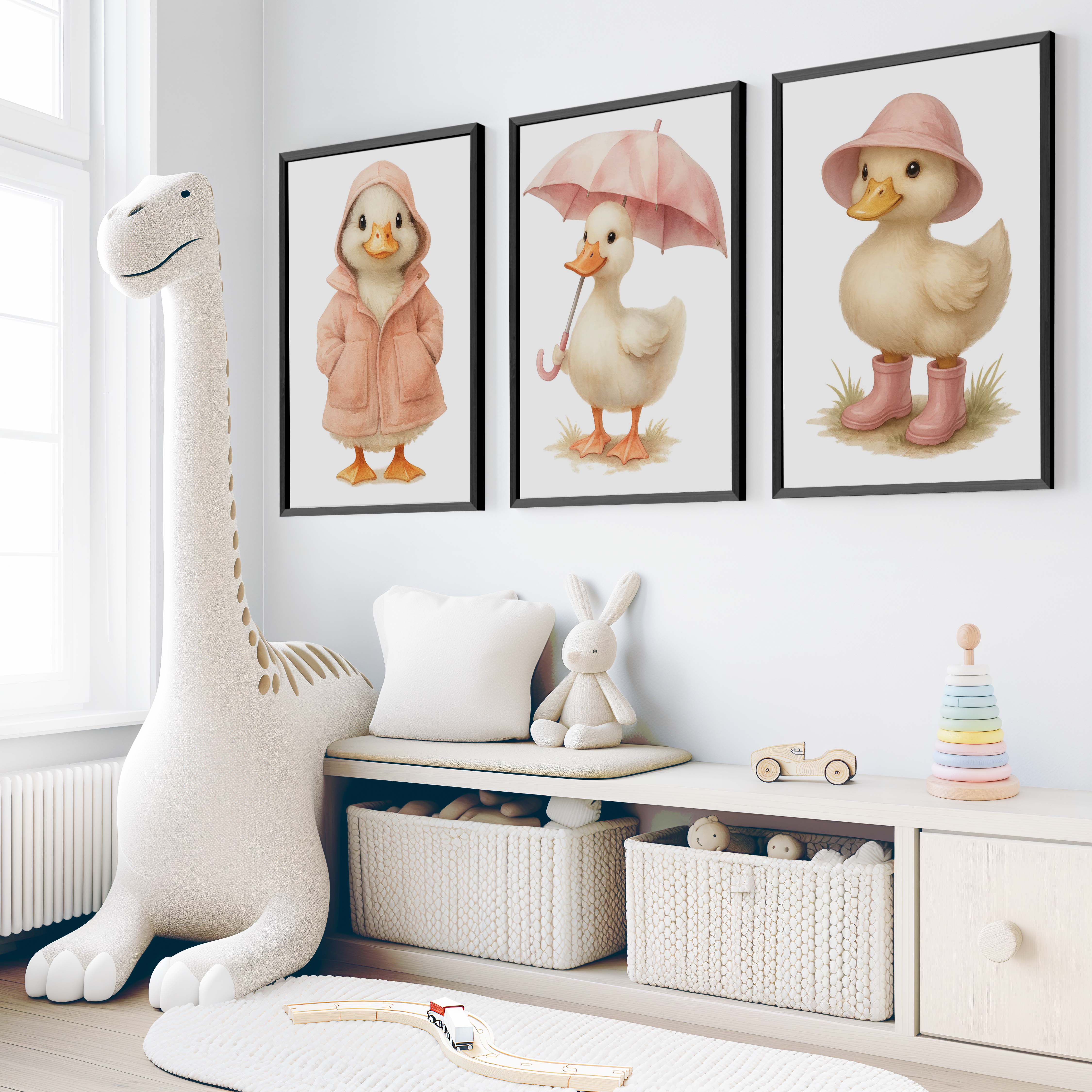 Duckling Nursery Wall Art – Cute Animal Print Trio - Black Framed Poster No Border - Artworksets