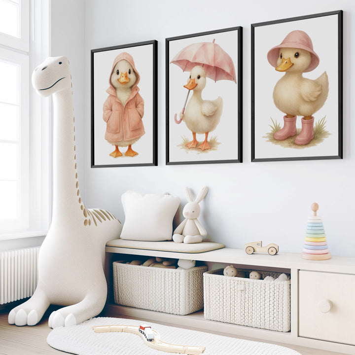 Duckling Nursery Wall Art – Cute Animal Print Trio - Black Framed Poster No Border - Artworksets