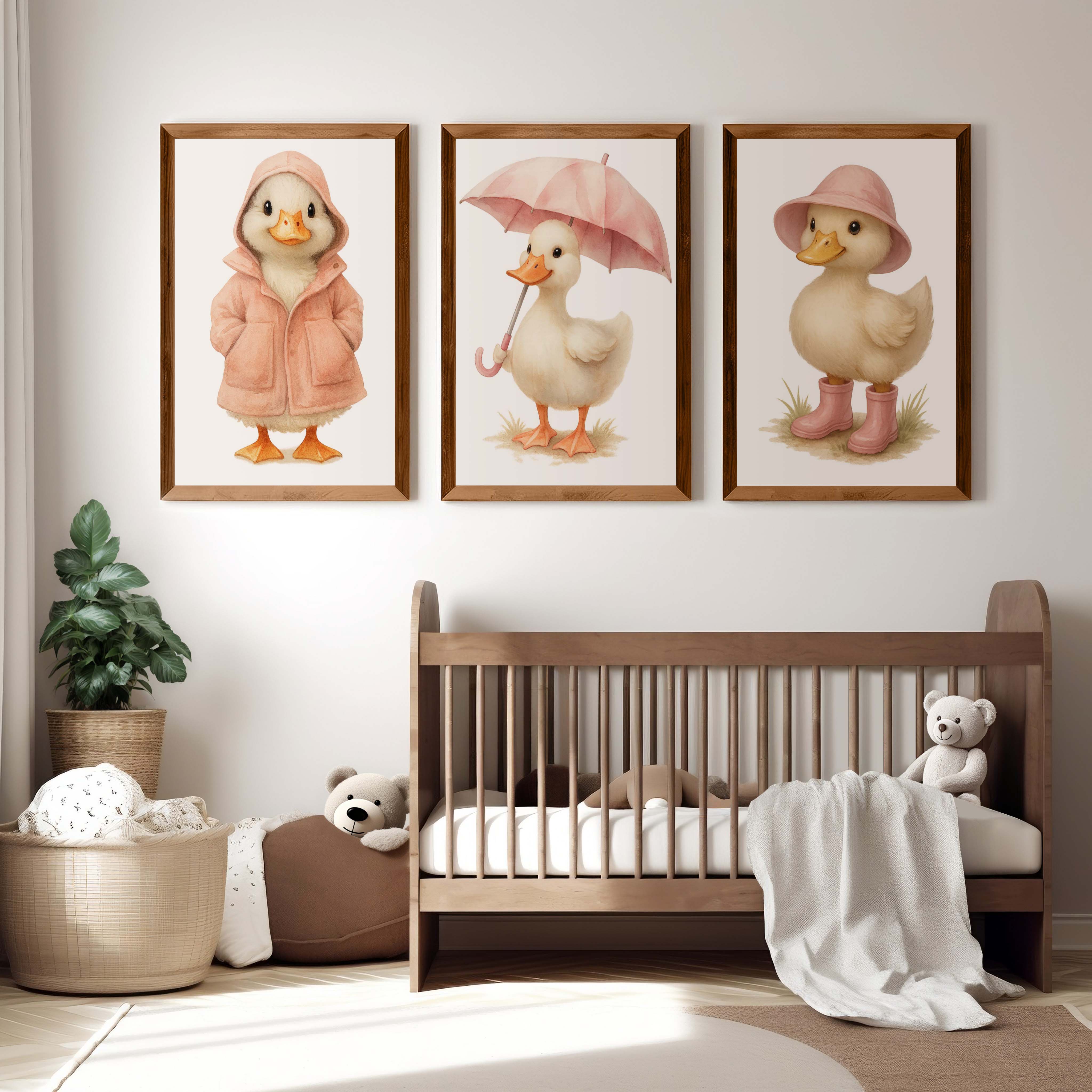Duckling Nursery Wall Art – Cute Animal Print Trio - Dark Brown Framed Poster No Border - Artworksets