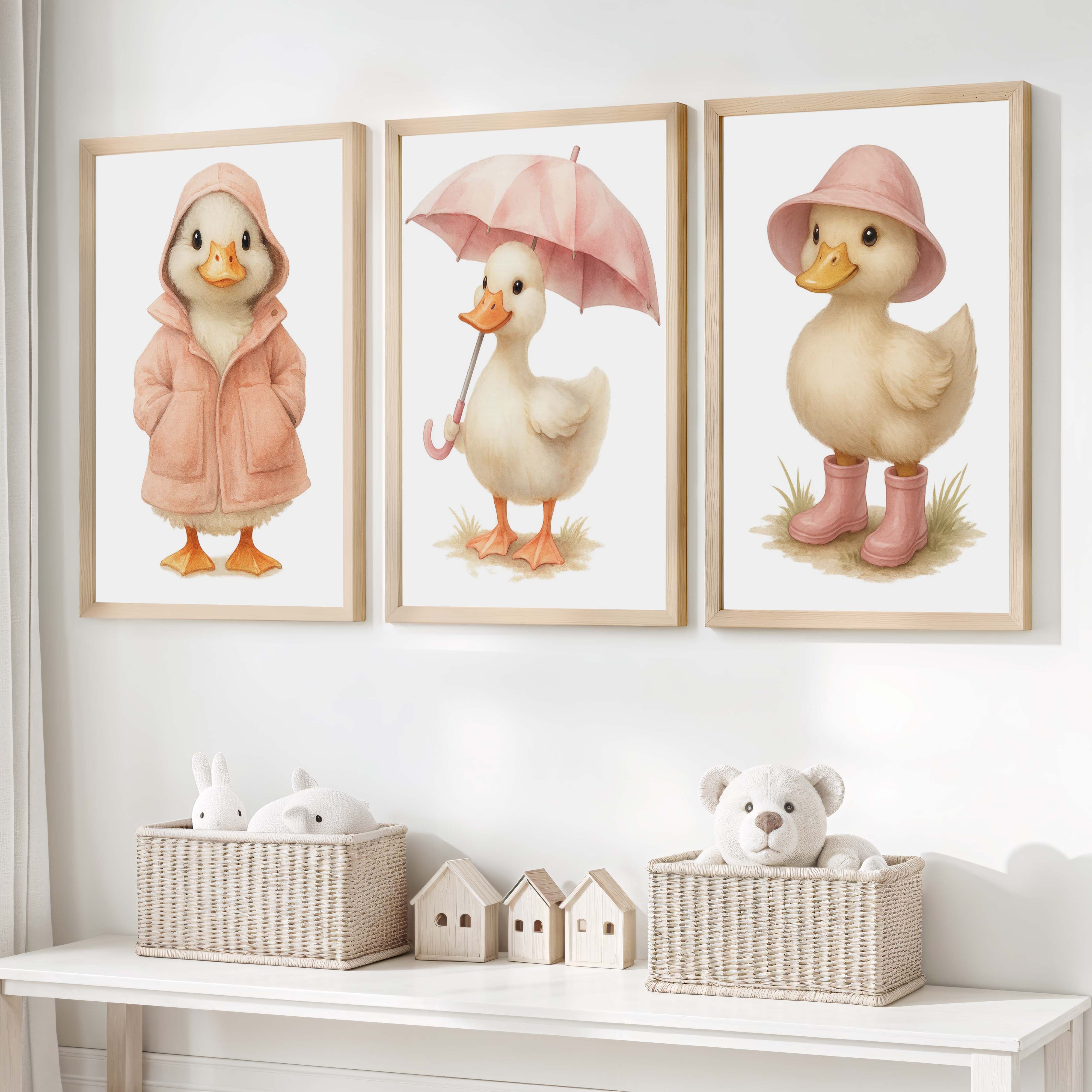 Duckling Nursery Wall Art – Cute Animal Print Trio - Natural Wood Framed Poster No Border - Artworksets