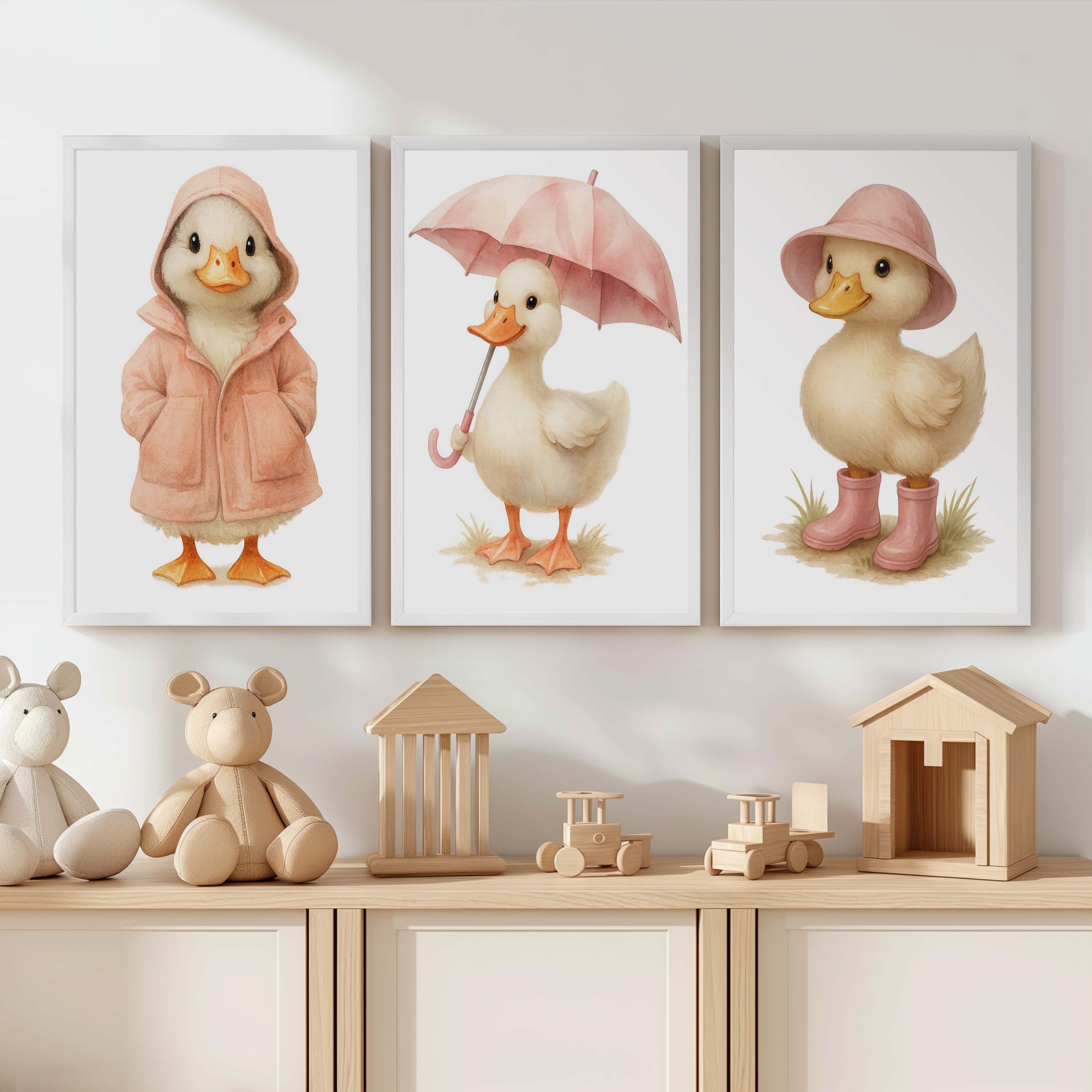 Duckling Nursery Wall Art – Cute Animal Print Trio - White Framed Poster No Border - Artworksets