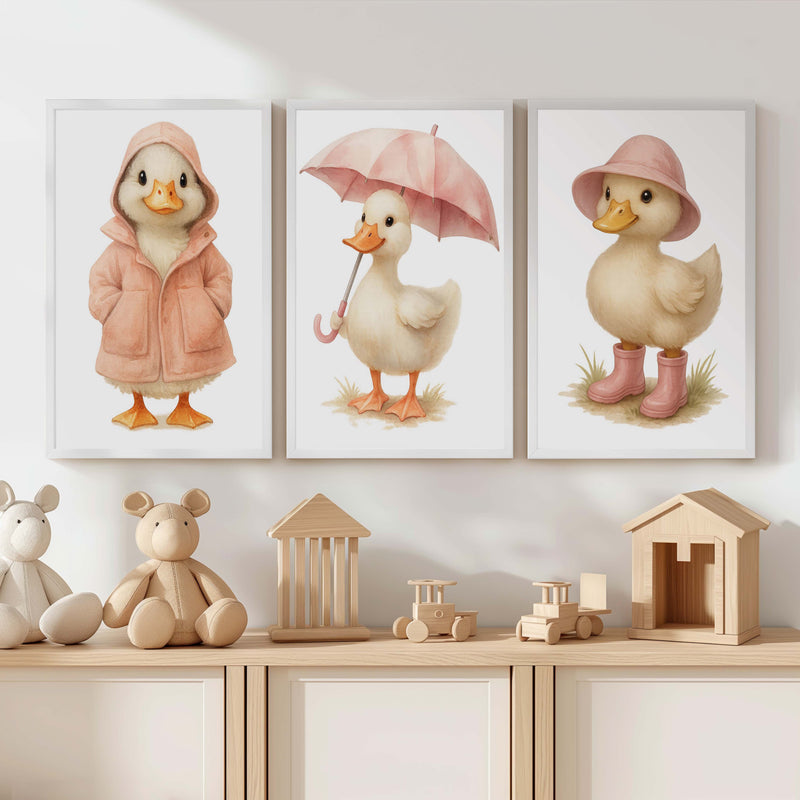 Duckling Nursery Wall Art – Cute Animal Print Trio - White Framed Poster No Border - Artworksets