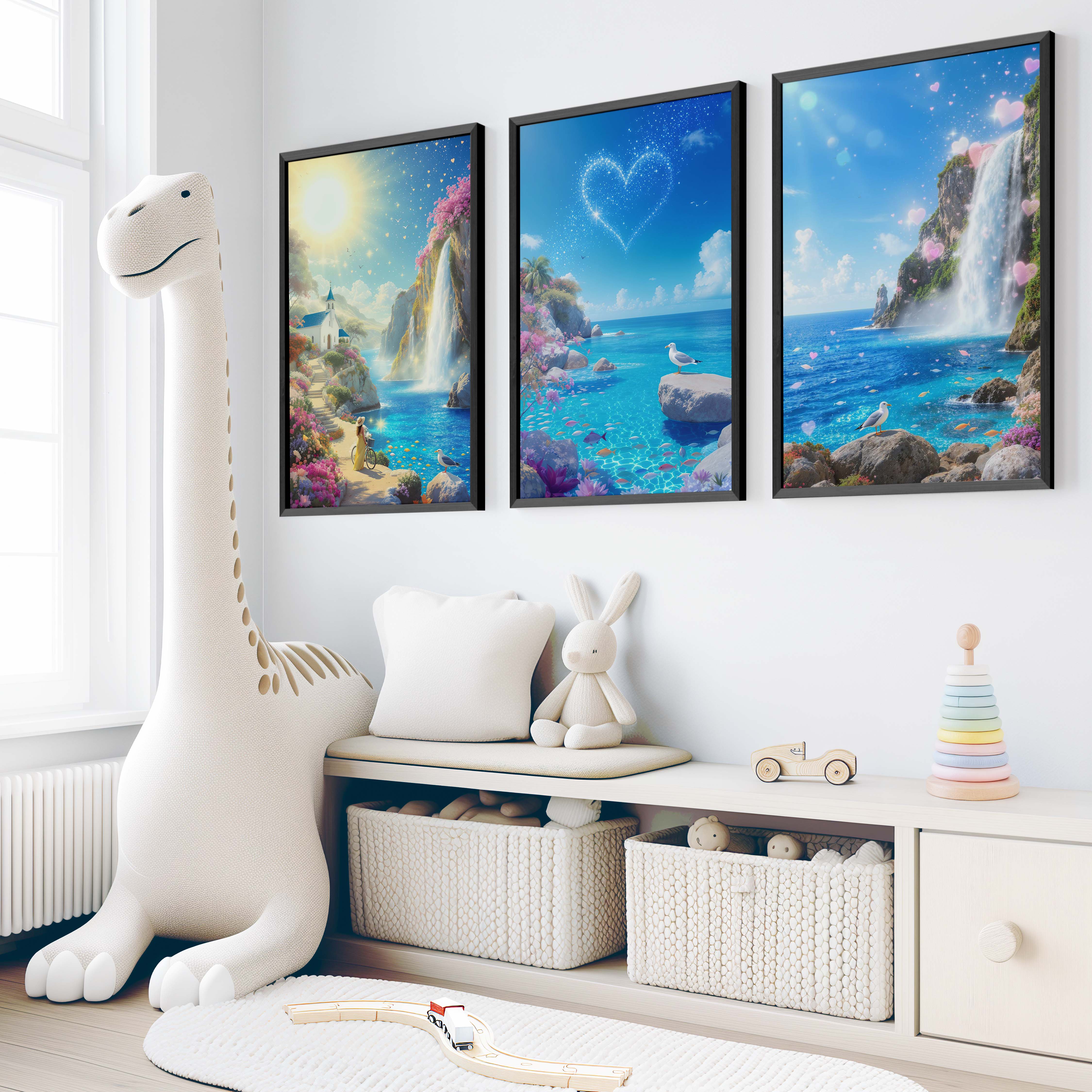 Ocean Fantasy Nursery Artwork – Magical Wall Print Set - Black Framed Poster No Border - Artworksets