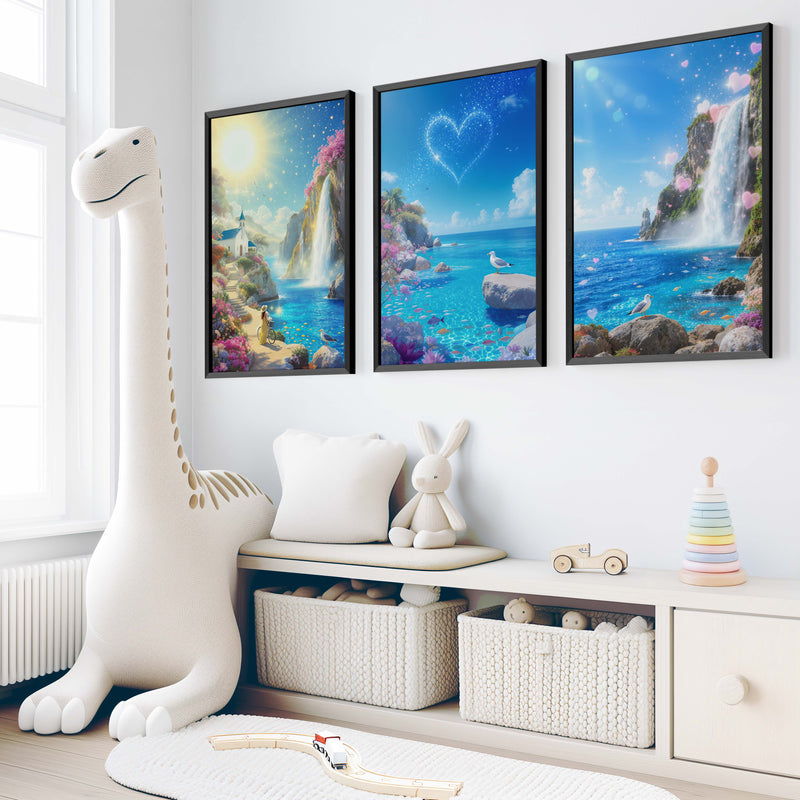 Ocean Fantasy Nursery Artwork – Magical Wall Print Set - Black Framed Poster No Border - Artworksets