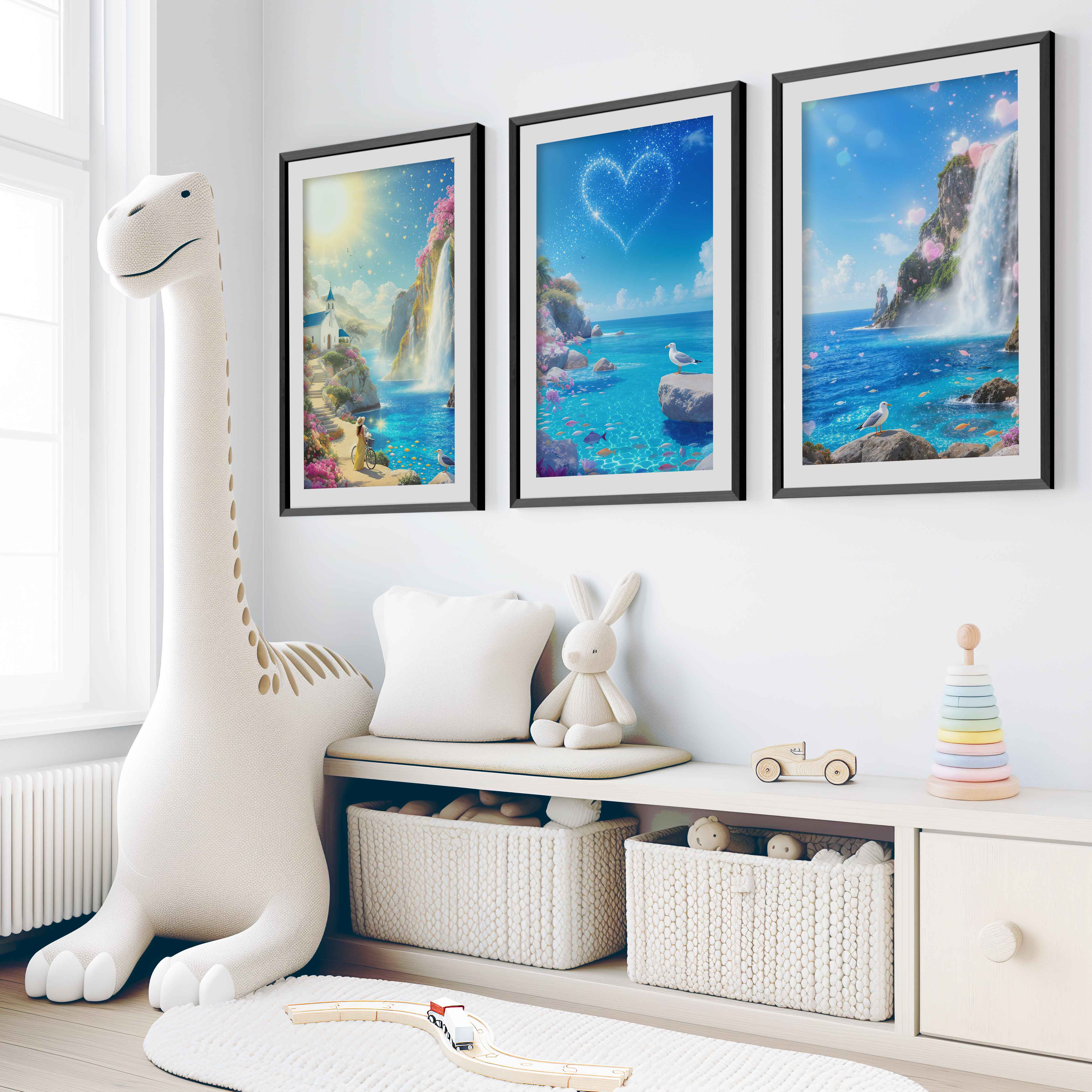 Ocean Fantasy Nursery Artwork – Magical Wall Print Set - Black Framed Poster with White Border - Artworksets