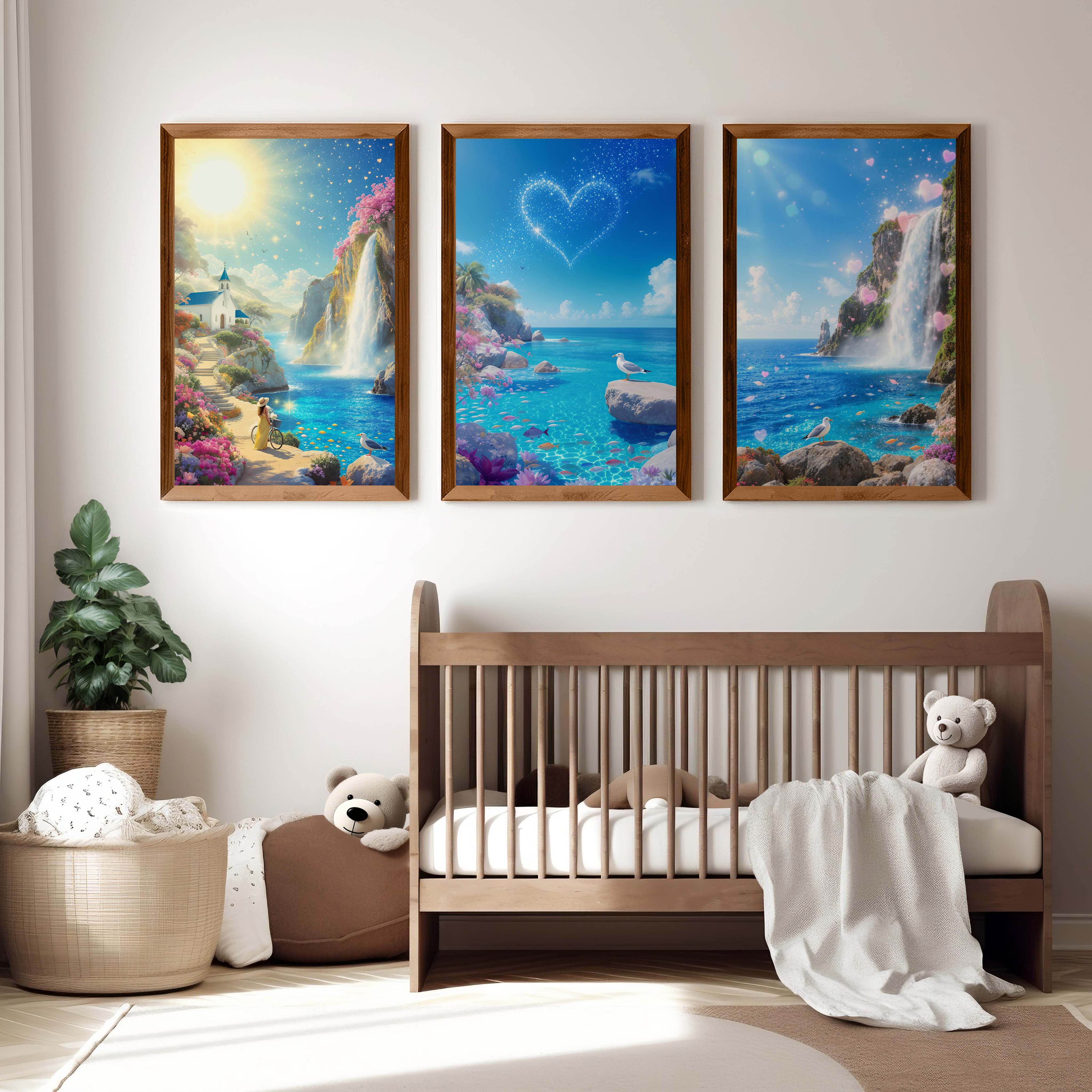 Ocean Fantasy Nursery Artwork – Magical Wall Print Set - Dark Brown Framed Poster No Border - Artworksets