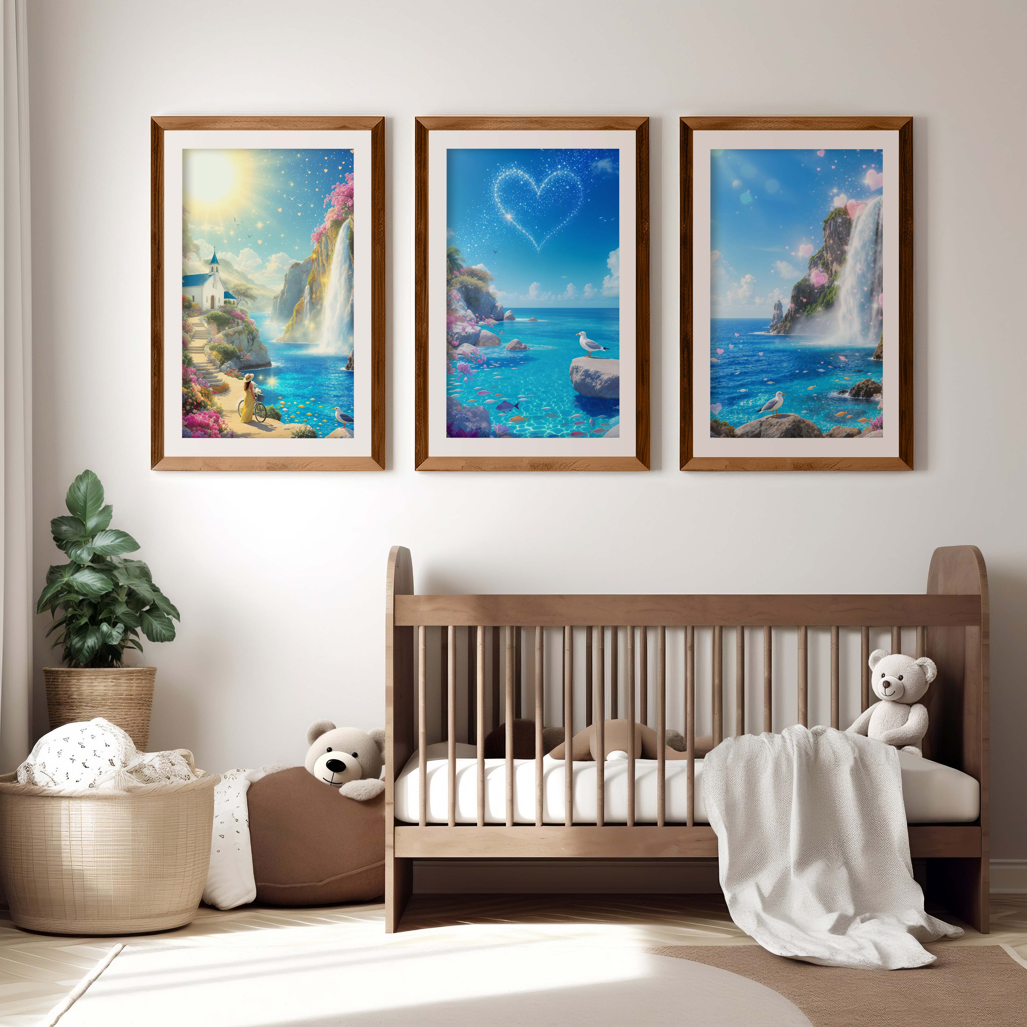 Ocean Fantasy Nursery Artwork – Magical Wall Print Set - Dark Brown Framed Poster with White Border - Artworksets