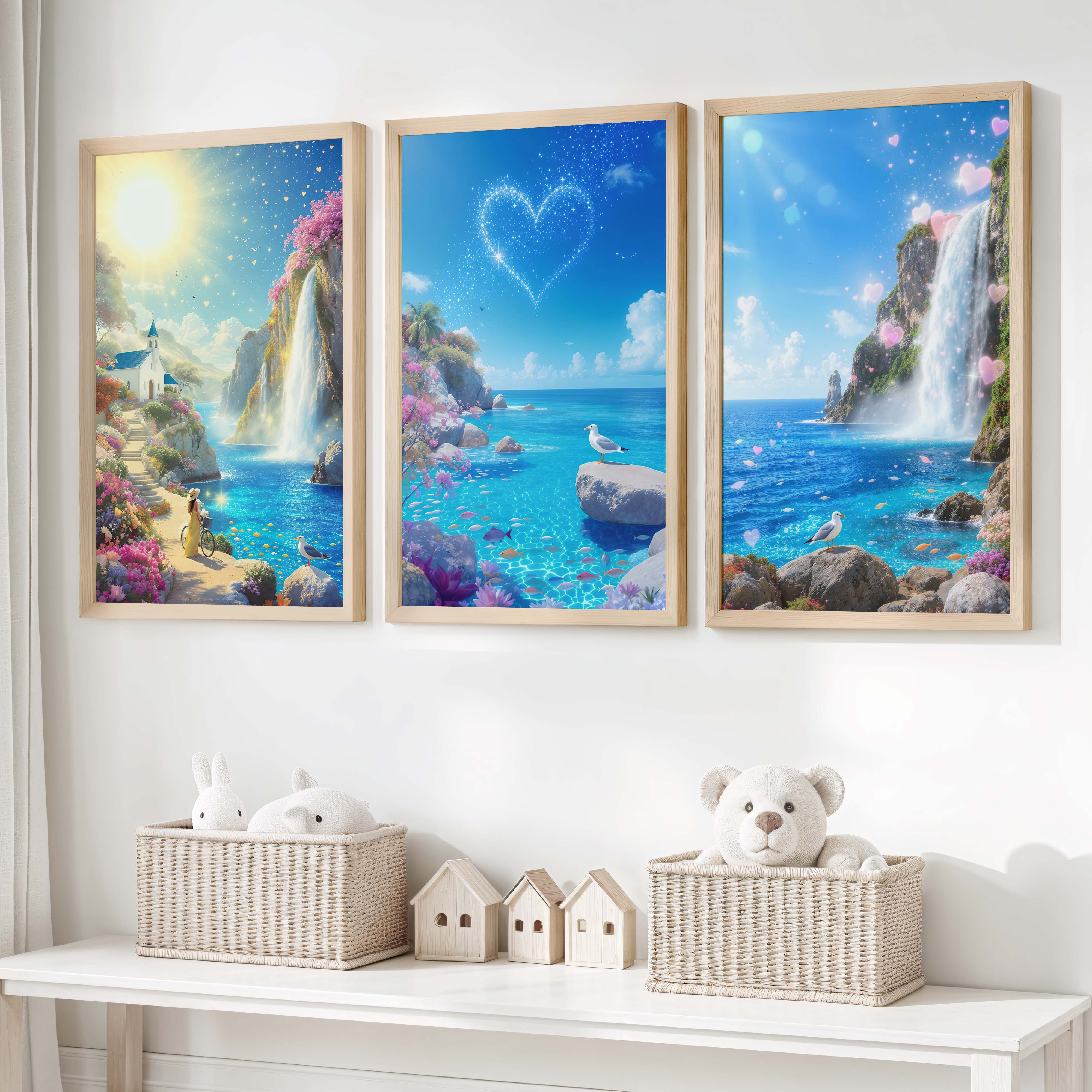 Ocean Fantasy Nursery Artwork – Magical Wall Print Set - Natural Wood Framed Poster No Border - Artworksets