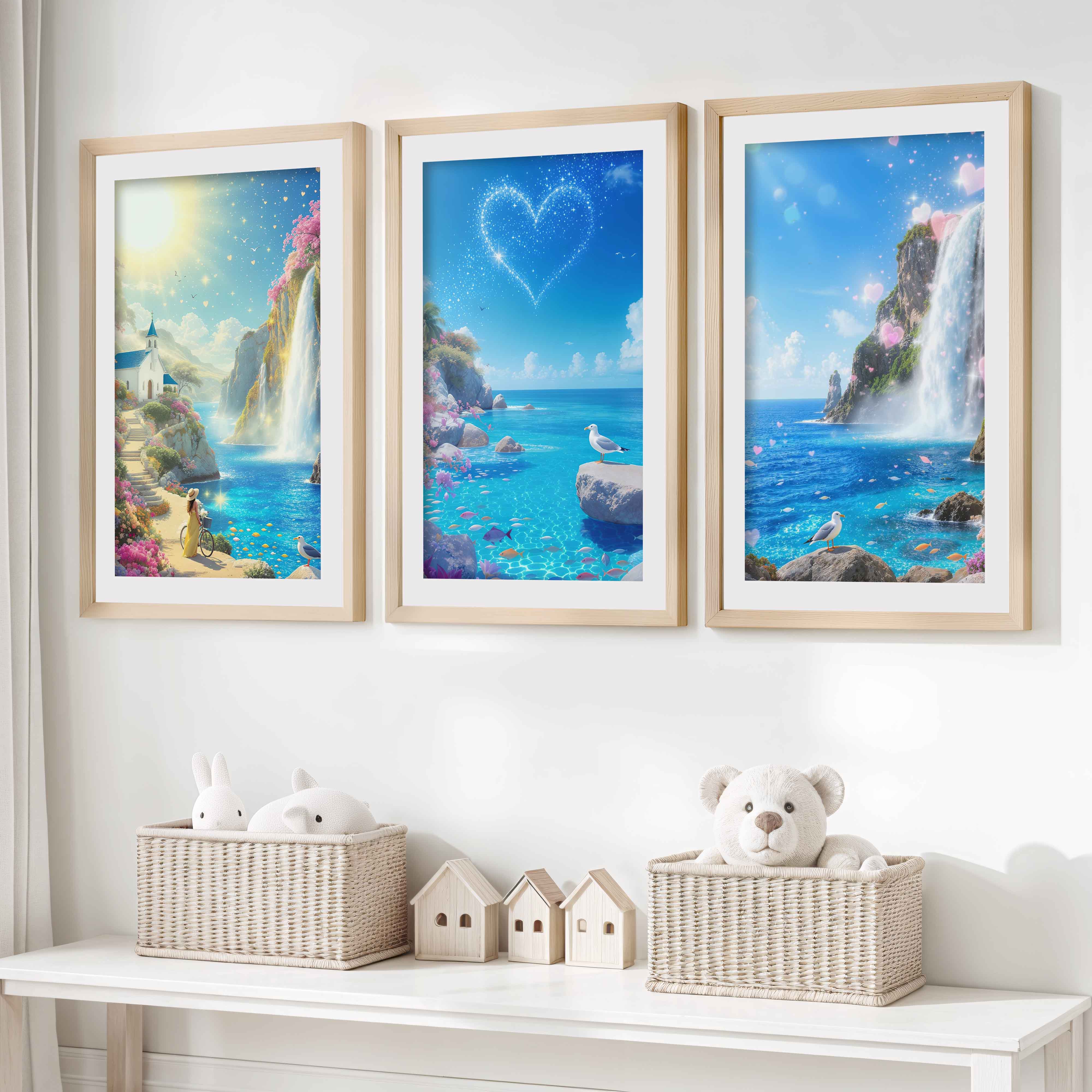 Ocean Fantasy Nursery Artwork – Magical Wall Print Set- Natural Wood Framed Poster with White Border - Artworksets