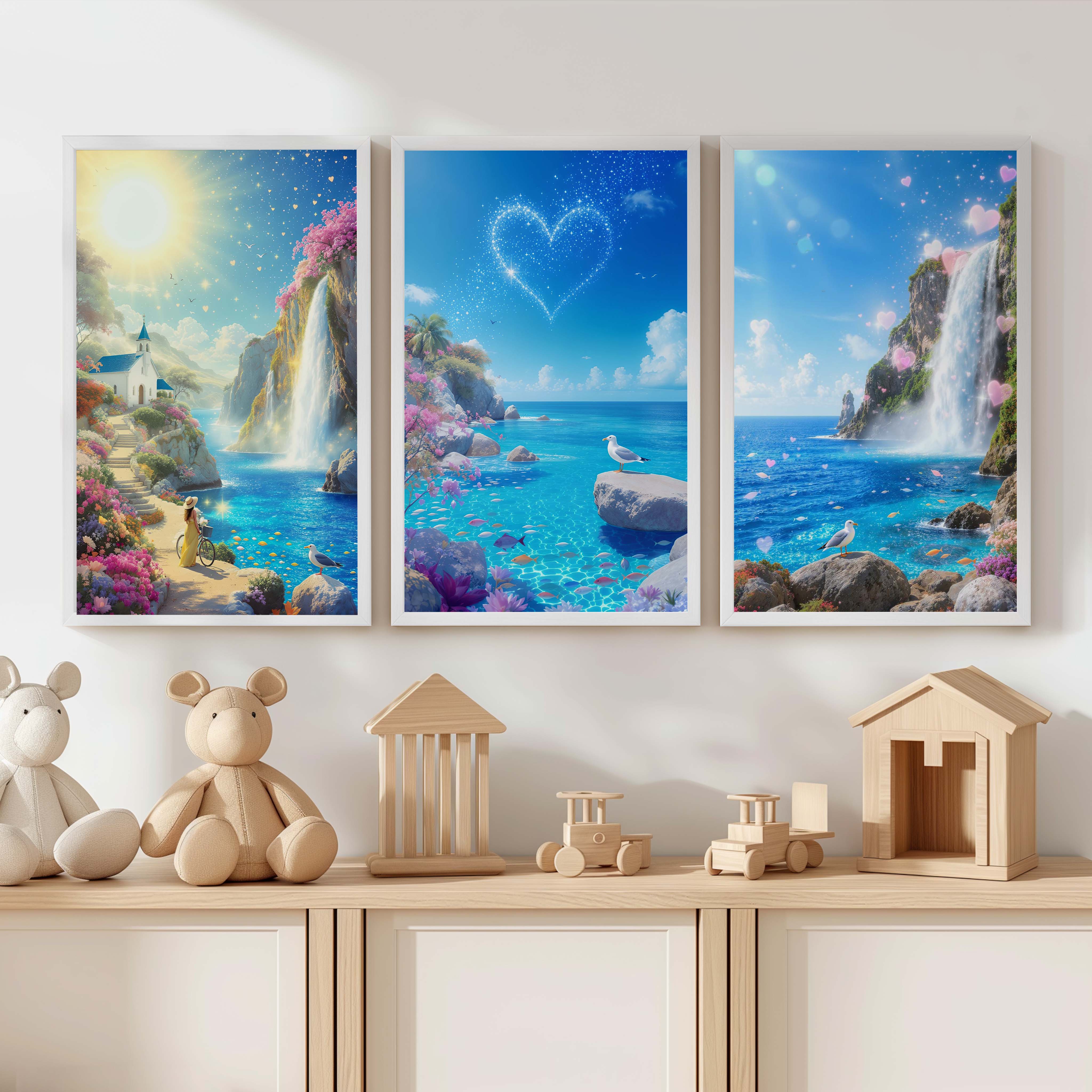 Ocean Fantasy Nursery Artwork – Magical Wall Print Set - White Framed Poster No Border - Artworksets