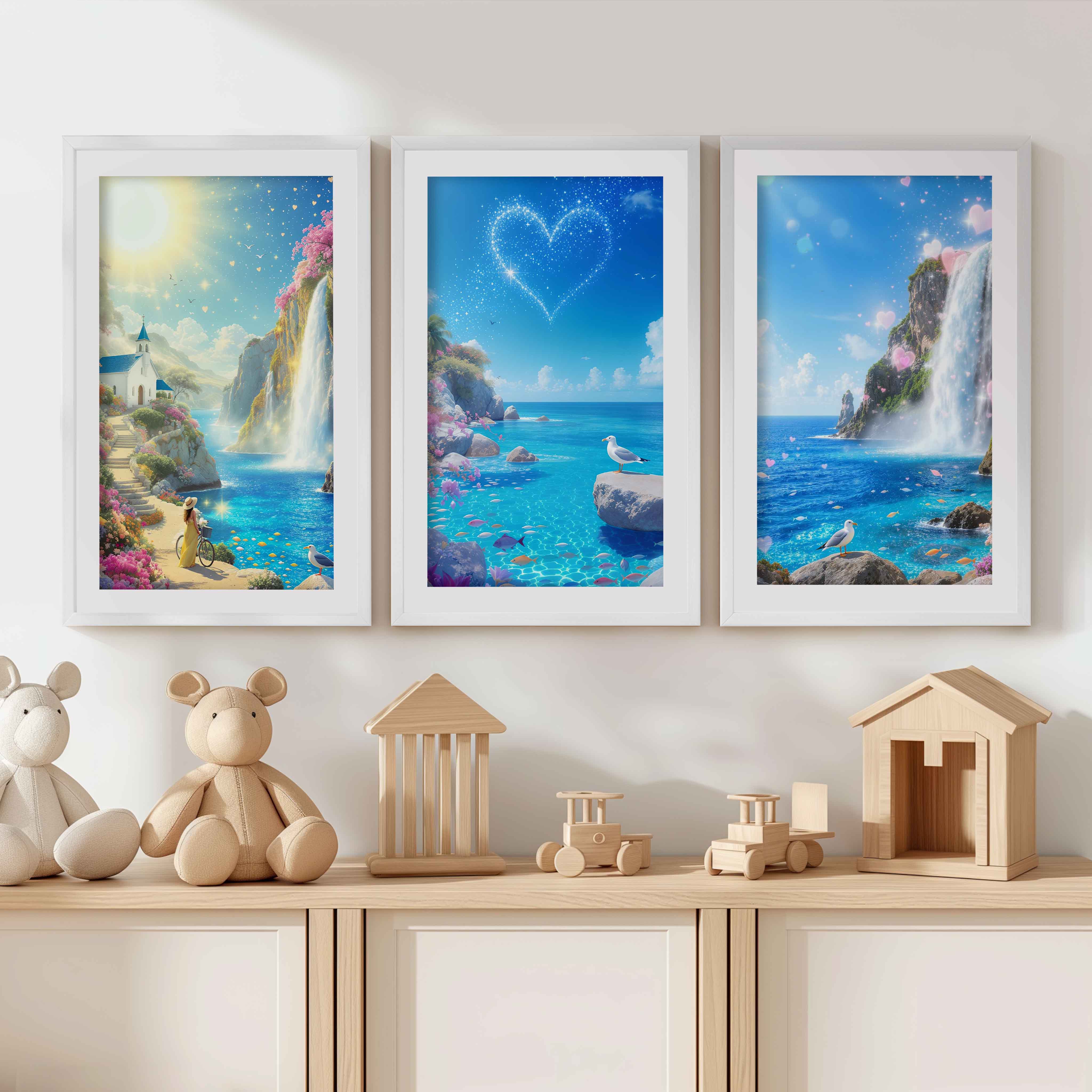 Ocean Fantasy Nursery Artwork – Magical Wall Print Set - White Framed Poster with White Border - Artworksets
