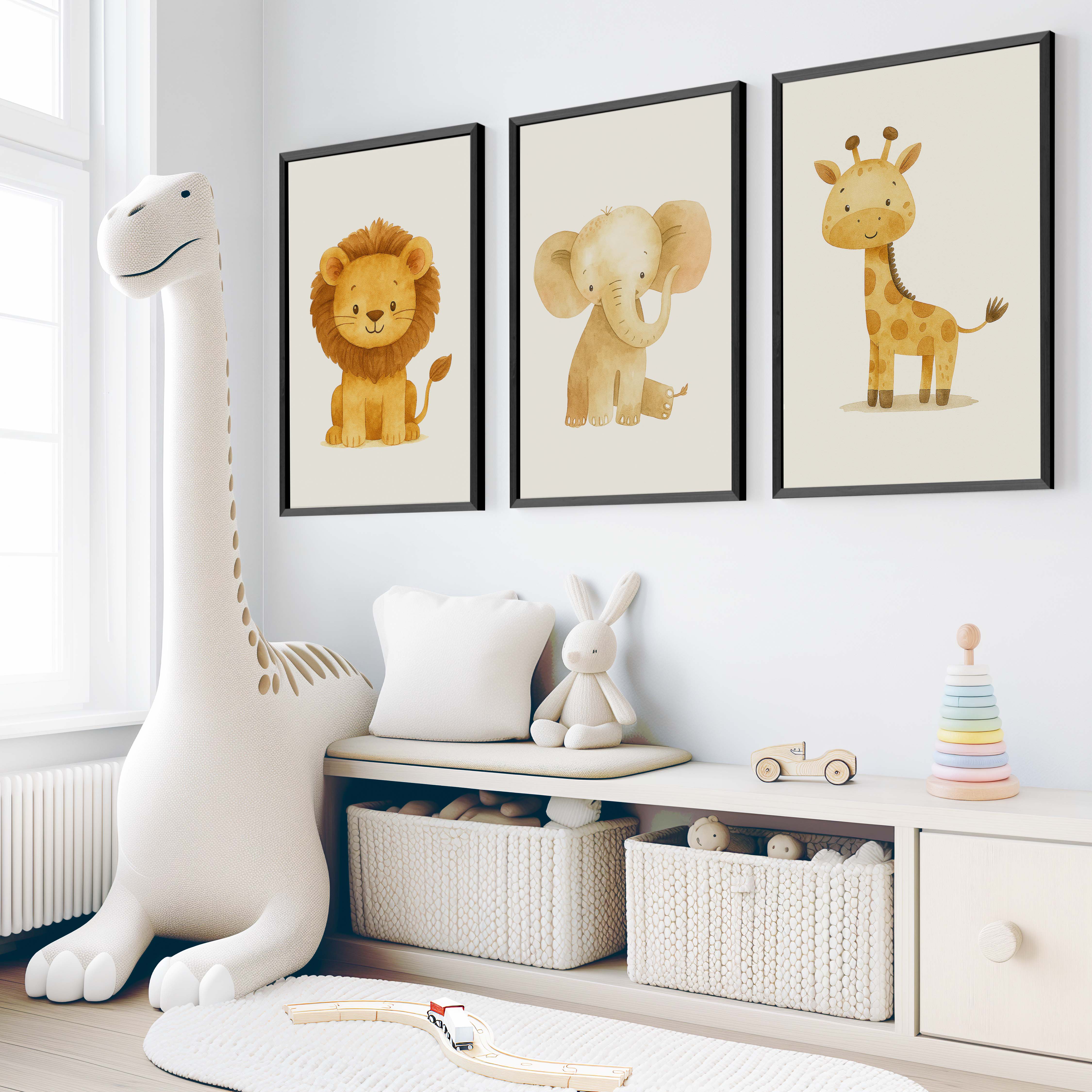 Nursery Decor Wall Art – Lion, Elephant & Giraffe Set - Black Framed Poster No Border - Artworksets